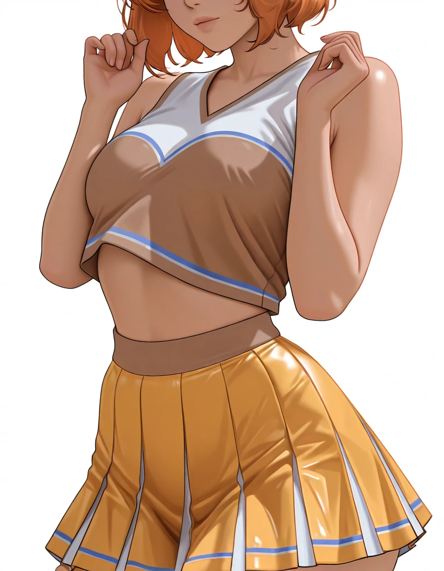 <lora:striped_cheerleader_costumeV2:1> 1girl,real skin, looking at viewer, realistic body, masterpiece,best quality,amazing quality,very aesthetic,absurdres,newest,stripcheerle4er, cheerleader,brown shirt,Yellow skirt, ,head out of frame,white background,,hands up,
