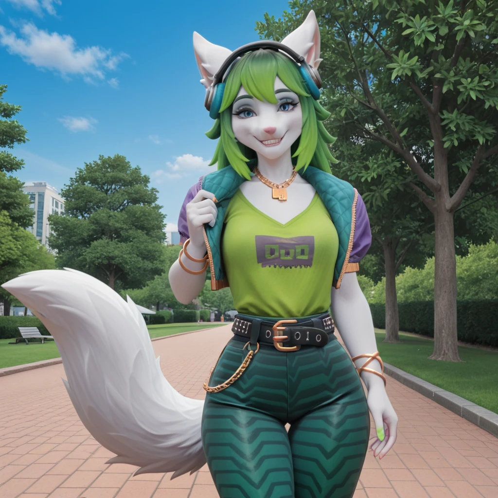 masterpiece, best quality, amazing quality, very aesthetic, high resolution, ultra-detailed, absurdres, newest, upper body BREAK 1girl, solo, s4lt, anthro, furry female, fox ears, fox tail, jacket, shirt, logo, pants, print pants, sound wave print, headphones, belt, chain, bangle, necklace, standing, smile, happy, looking at viewer, facing viewer, park, outdoors, day, blue sky