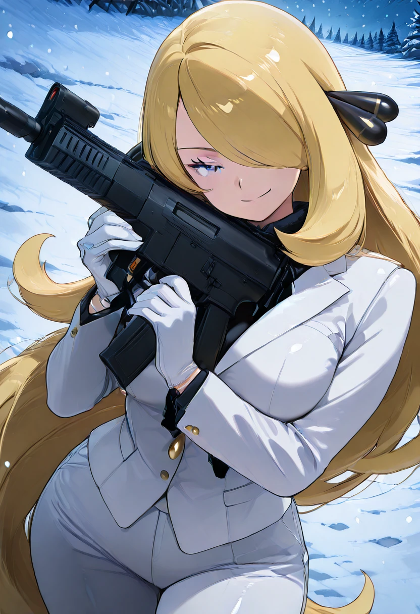 masterpiece, best quality, 1girl, solo, eyelashes, (beautiful eyes), C007Citron, grey eyes, hair over one eye, blonde hair, hair ornament, long hair, long sleeves, white gloves, white jacket, white pants, alternate costume, shirt, holding gun, snowing, assault rifle, smile, looking at viewer, <lora:Cynthia007IXL:1.0>, from above, dynamic pose, cowboy shot, smile, looking at viewer, shiny skin, ,<lora:SnappyStyle_IXL:1.0>,