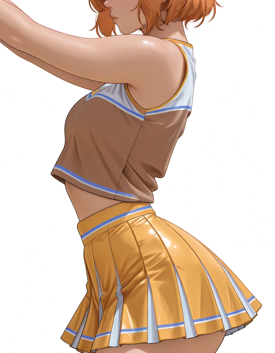 <lora:striped_cheerleader_costumeV2:1> 1girl,real skin, looking at viewer, realistic body, masterpiece,best quality,amazing quality,very aesthetic,absurdres,newest,stripcheerle4er, cheerleader,brown shirt,Yellow skirt, ,head out of frame,white background,from side,hands up,