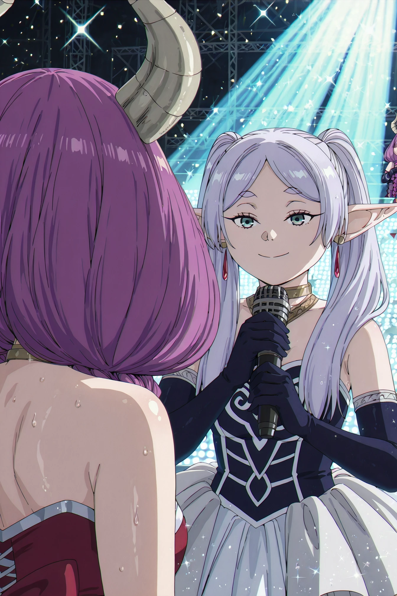 shiny skin, posing,
<lora:soufrie.il:1.0>,
soufrie,
2girls,
holding mic, happy, smile, frieren,
nervous, sweat, danaura,
idol costume, stage, stage lighting, glitter, sparkle,