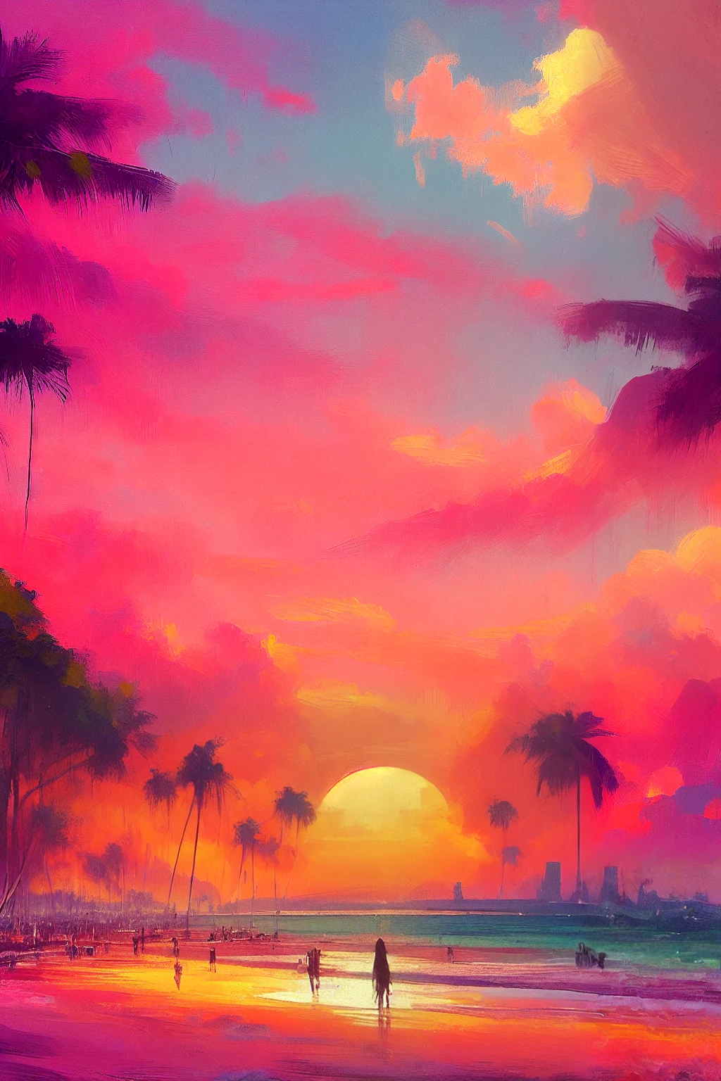 masterpiece, high quality, best quality, digital painting, impressionist style, bold brush strokes, 1girl, brown hair, ponytail, perfect body, large breasts, pink bikini, futuristic city, beach, tropical, palm trees, sunset, epic clouds