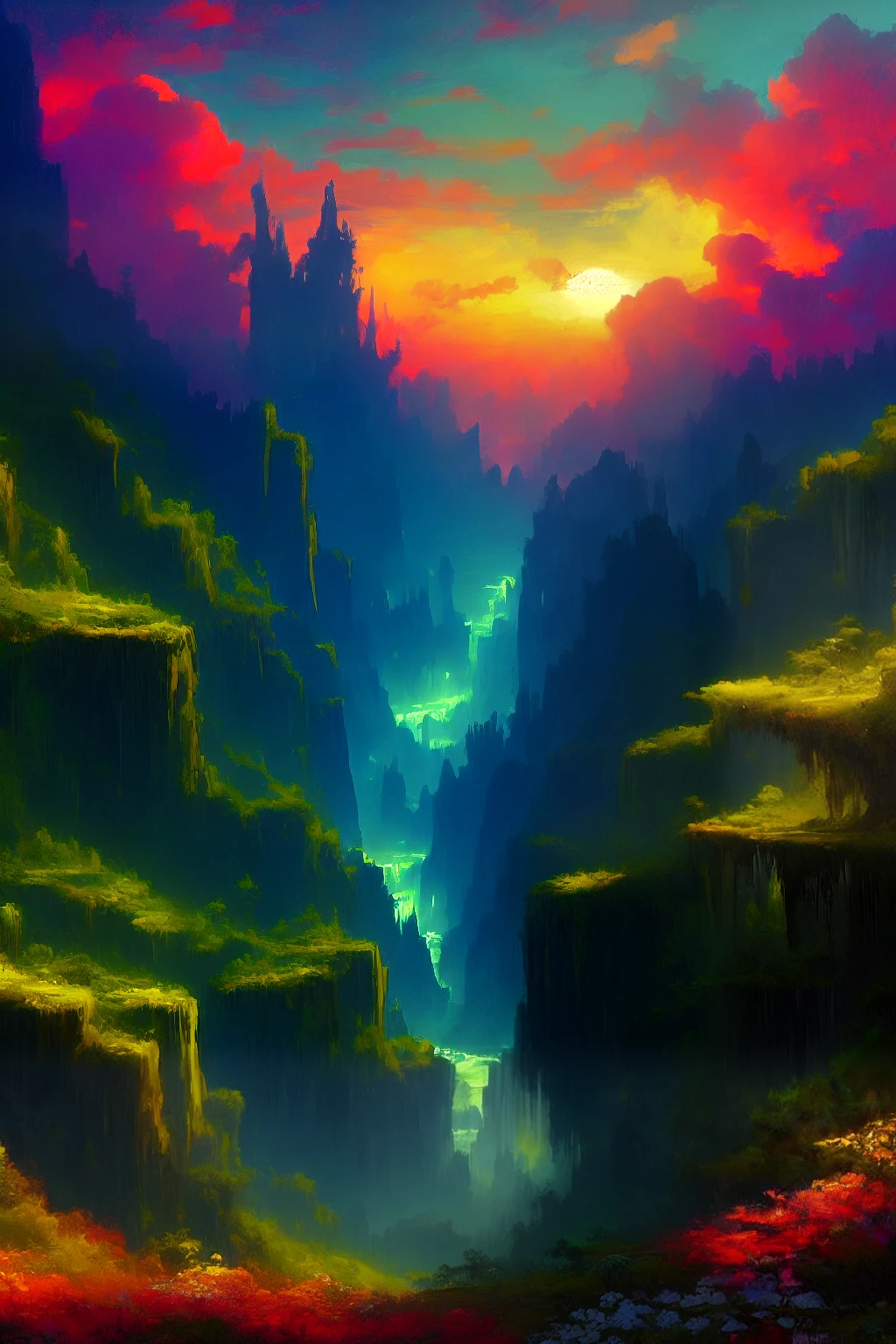 masterpiece, high quality, best quality, digital painting, impressionist style, bold brush strokes, fantasy landscape, floating island, beautiful castle, waterfall, ocean, colorful vegetation, large trees, colorful sky, over the clouds, planet