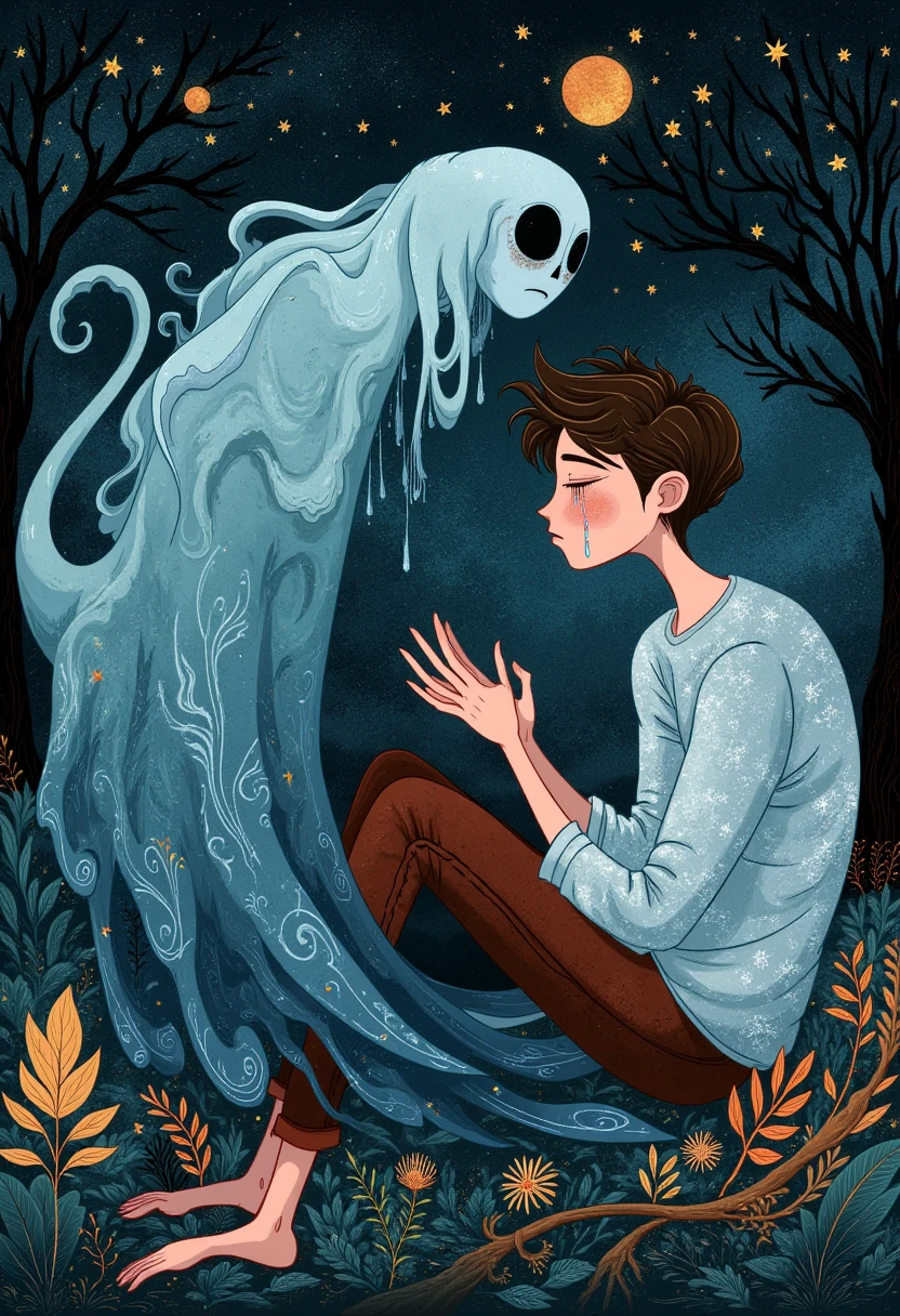 Whimsical, storybook-inspired folk art with flowing, dreamlike details. Young man sitting on the floor, crying in his hands, tears rolling down his eyes, while a ghost comforts him, with a night background, dark sad ambiance, high detailed, best quality, high resolution, masterpiece