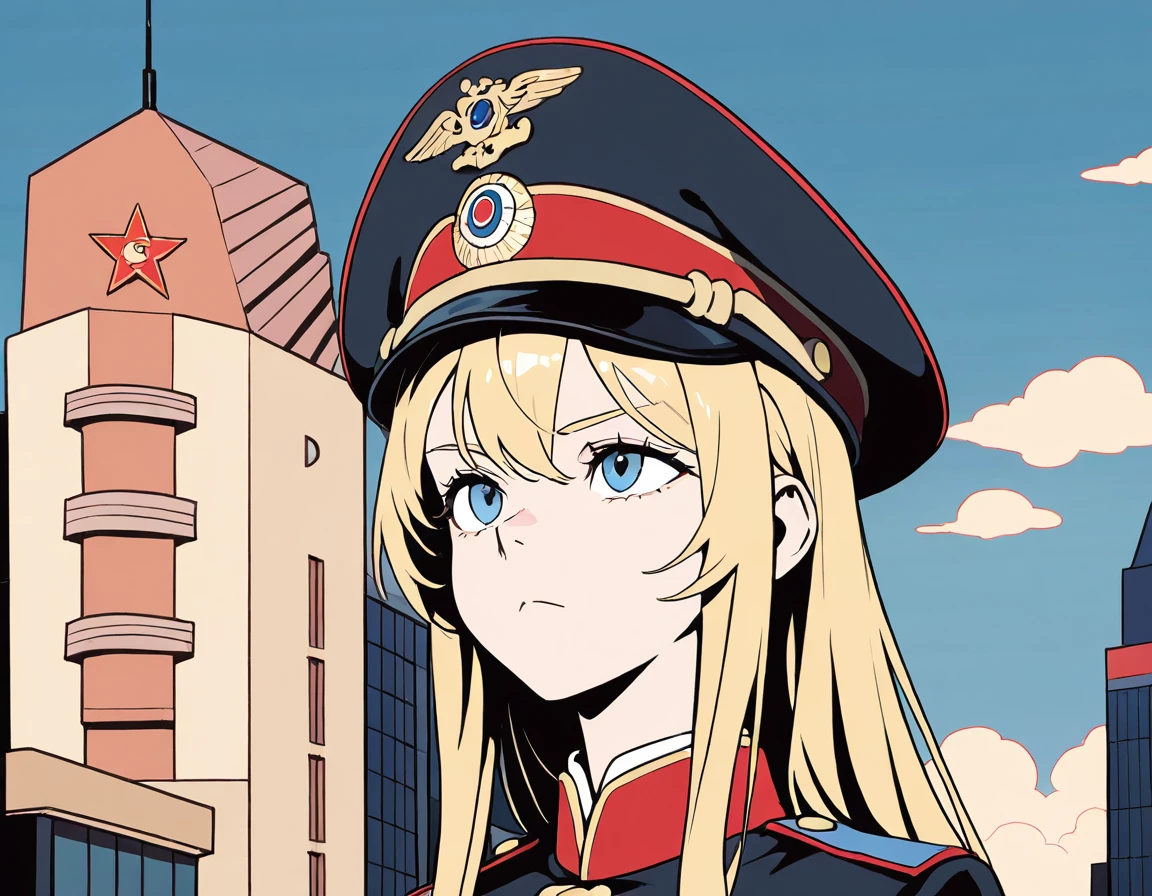 high school girl ,Soviet Propaganda Poster Style, look straight ahead with an aggressive look, with cap
