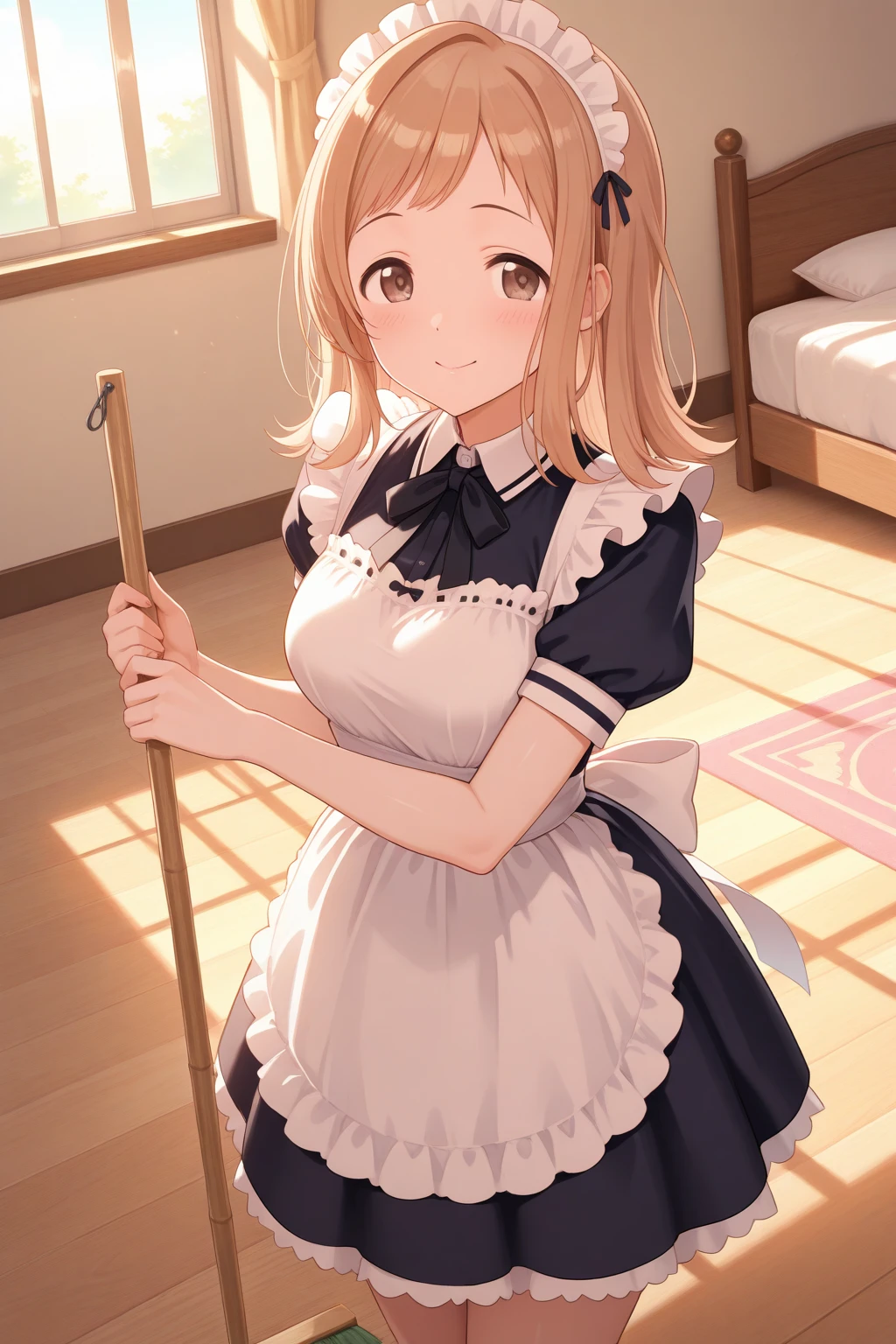very awa, detailed eyes, shining eyes, masterpiece, best quality, ultra-detailed, (8k), (hdr), absurdres, looking at viewer, solo, 1girl, girl, bedroom, smile, aamano, sakuragi mano, brown eyes, light brown hair, ((maid dress, maid headress)), ((standing, sweeping, cowboy shot)), broom