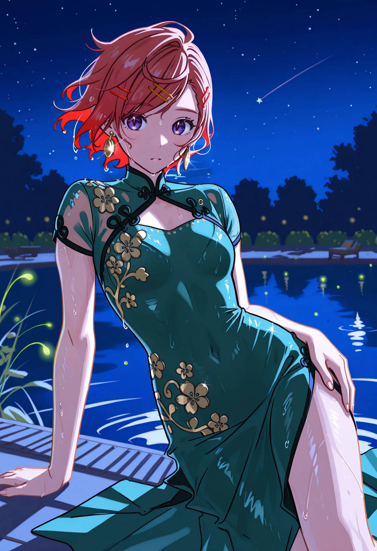 lineart, pencil art,
(night, moonlight, stars sky),
solo,1girl, bronze skin, purple eyes, ,wavy_hair, pixie hair, short hair, red hair, swept bangs, hairclip, small breasts, earrings, toned,
hair ornament, green dress, long skirt, satin dress, qipao dress, short sleeves, floral print,
lying on back, on water, floating hair, floating clothes, provoactive, hand on chest, hand on hip,
garden, pond, wet hair, wet clothes, night, low light, flying fireflies, fireflies,
<lora:hamafuguIL-style:1.2>,hamafugustyle,