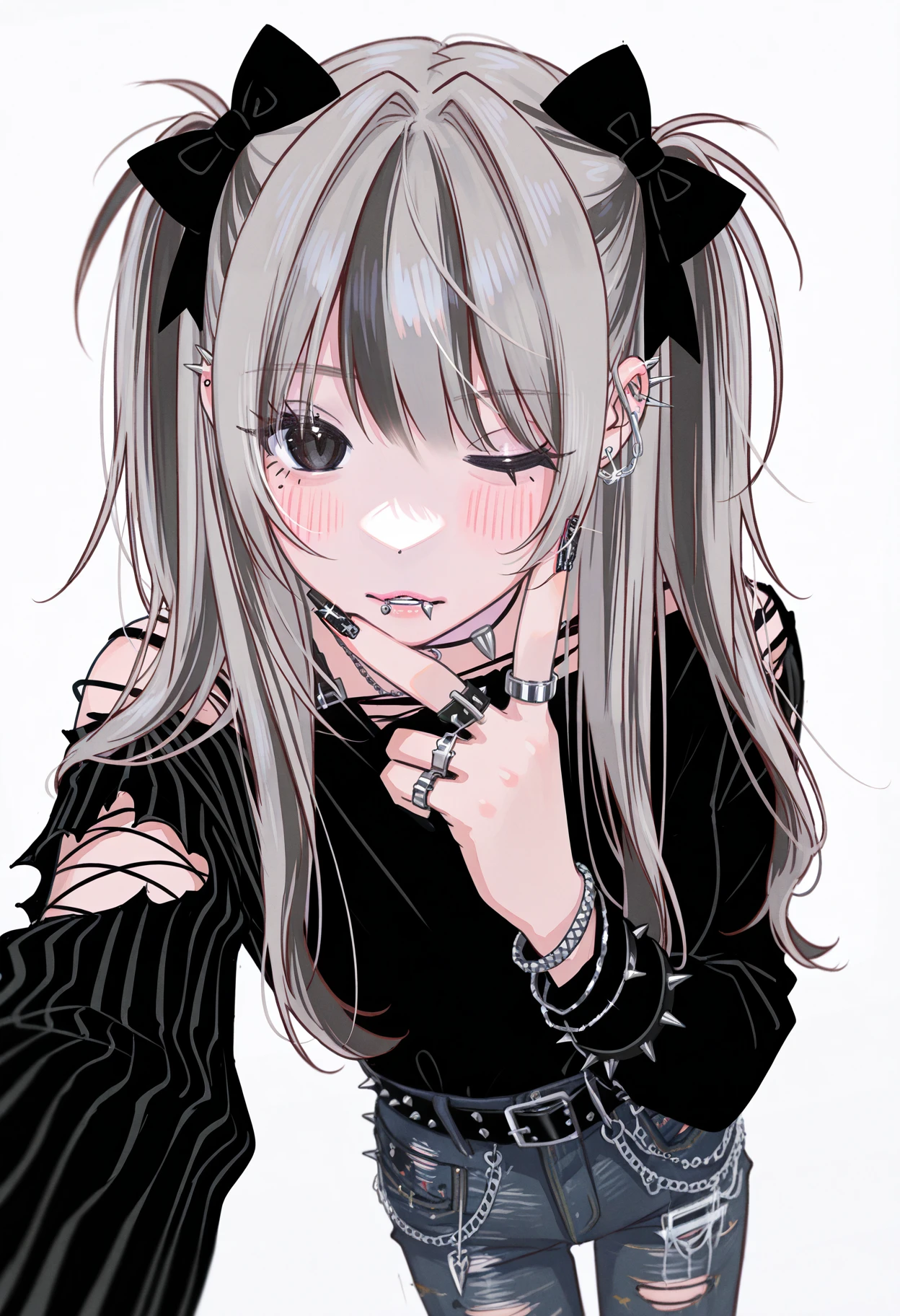 lineart, pencil art,
1girl, solo, black nails, piercing, jewelry, one eye closed, spikes, grey hair, long hair, ear piercing, shirt, blush, white background, torn clothes, looking at viewer, simple background, ring, bow, selfie, two side up, mole, hair bow, black eyes, bangs, belt, long sleeves, pants, lip piercing, denim,
<lora:hamafuguIL-style:1.2>,hamafugustyle,