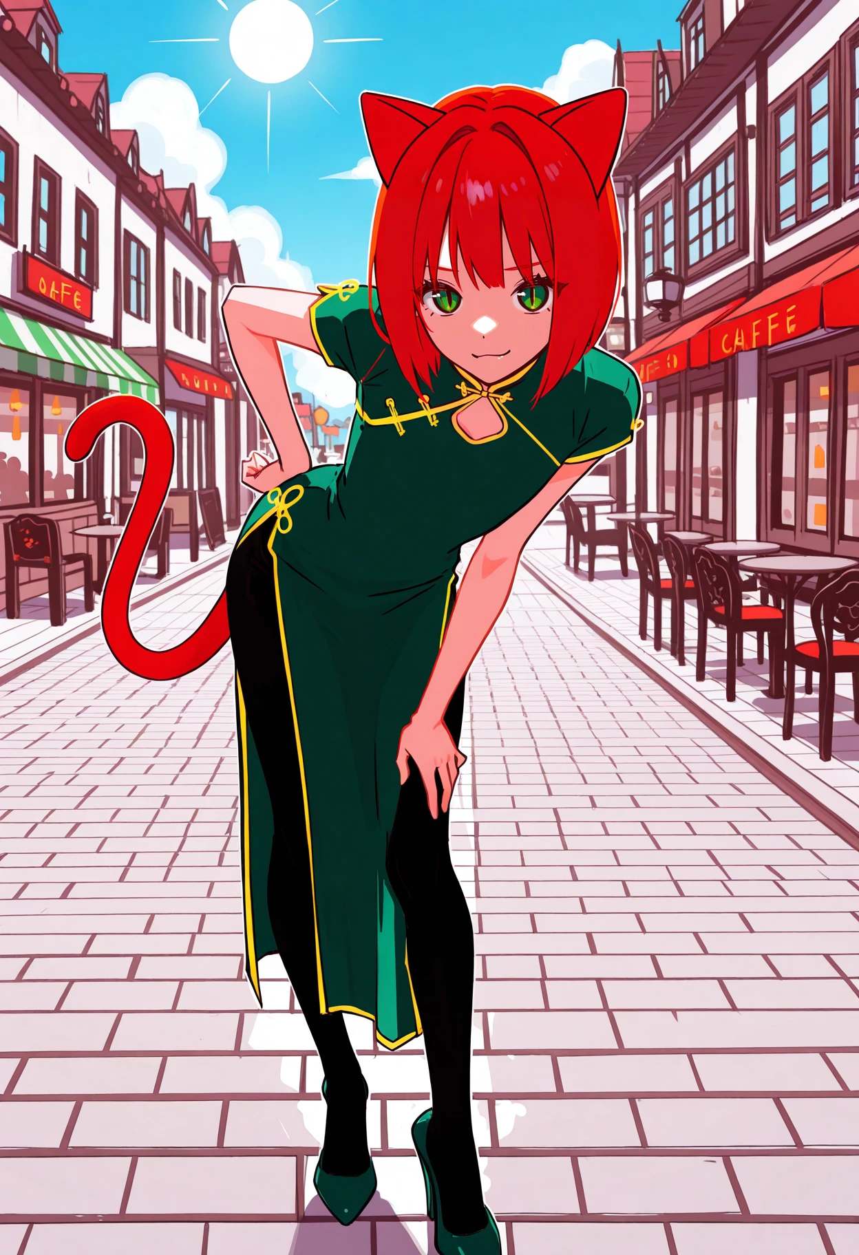 lineart, pencil art,
solo, 1boy, trap, flat chest, skinny, (red cat tail), (red cat ears), bob hair, red hair, green eyes, slit pupils,
cafe, street, sun,cloud, crowded, smug, provoactive, hand on hip,
qipao, green dress, short sleeves, long dress, high heels, pantyhose, jyojifuku, china dress,
standing, front view, looking at viewer, leaning forward,
<lora:hamafuguIL-style:1.2>,hamafugustyle,
