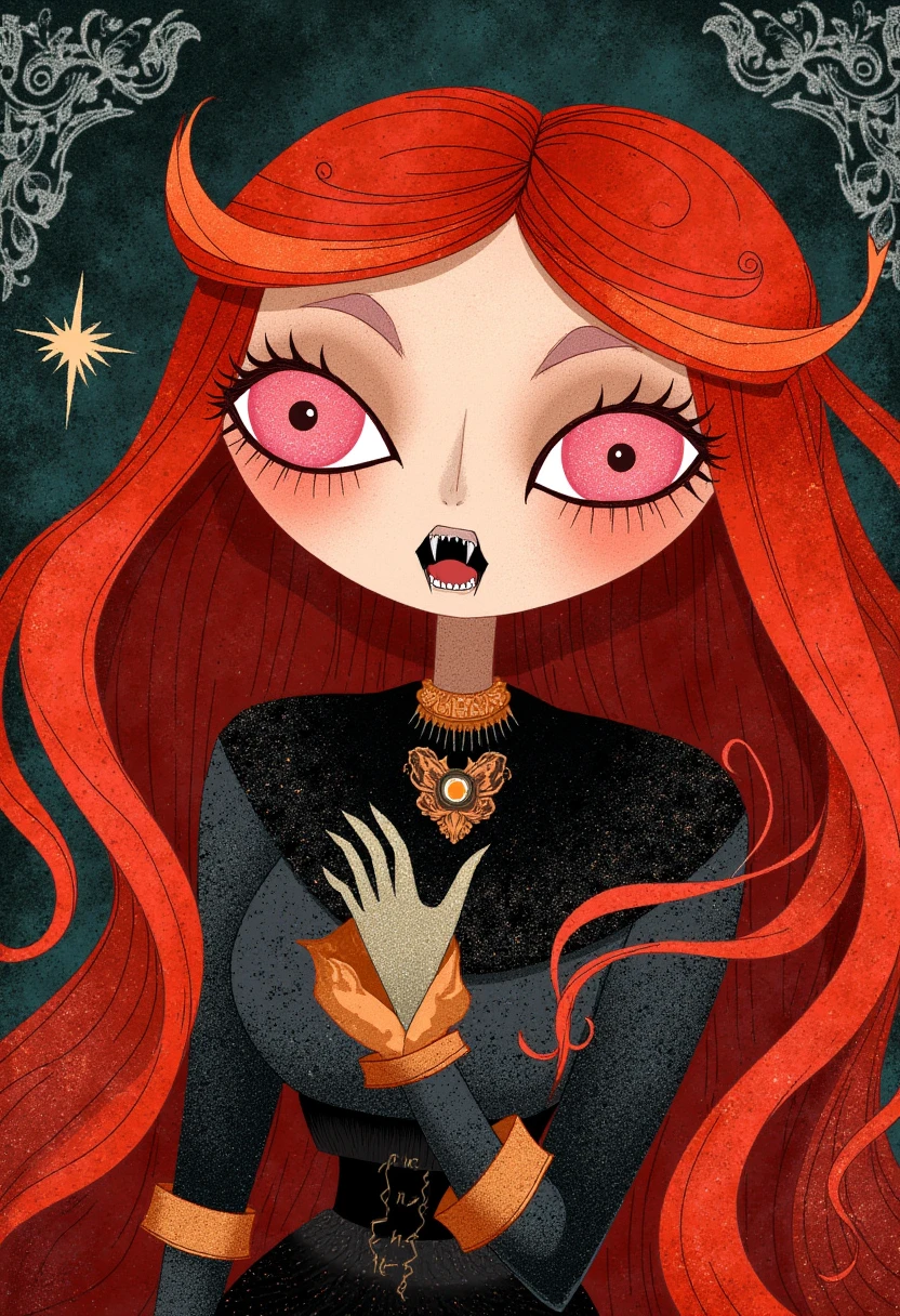 Whimsical, storybook-inspired folk art with flowing, dreamlike details. red head, vampire, mouth open with fangs, pink eyes, gothic clothes, warm colors