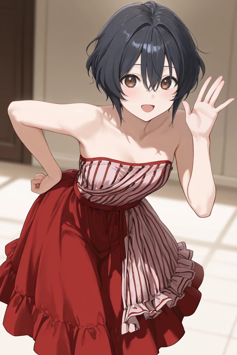 masterpiece, best quality, very aesthetic, newest, absurdres, highres,
1girl, solo,
<lora:TakigawaMiuIllustriousV1:1> takigawamiu, black hair, wavy hair, short hair, brown eyes, hair between eyes,
<lora:TimButonsHeartAliceDressILL:0.8> tbha dress, red dress, frills, bare shoulders, striped frills,
hand on hip, palm waving, leaning forward, dancing, open mouth, smile,