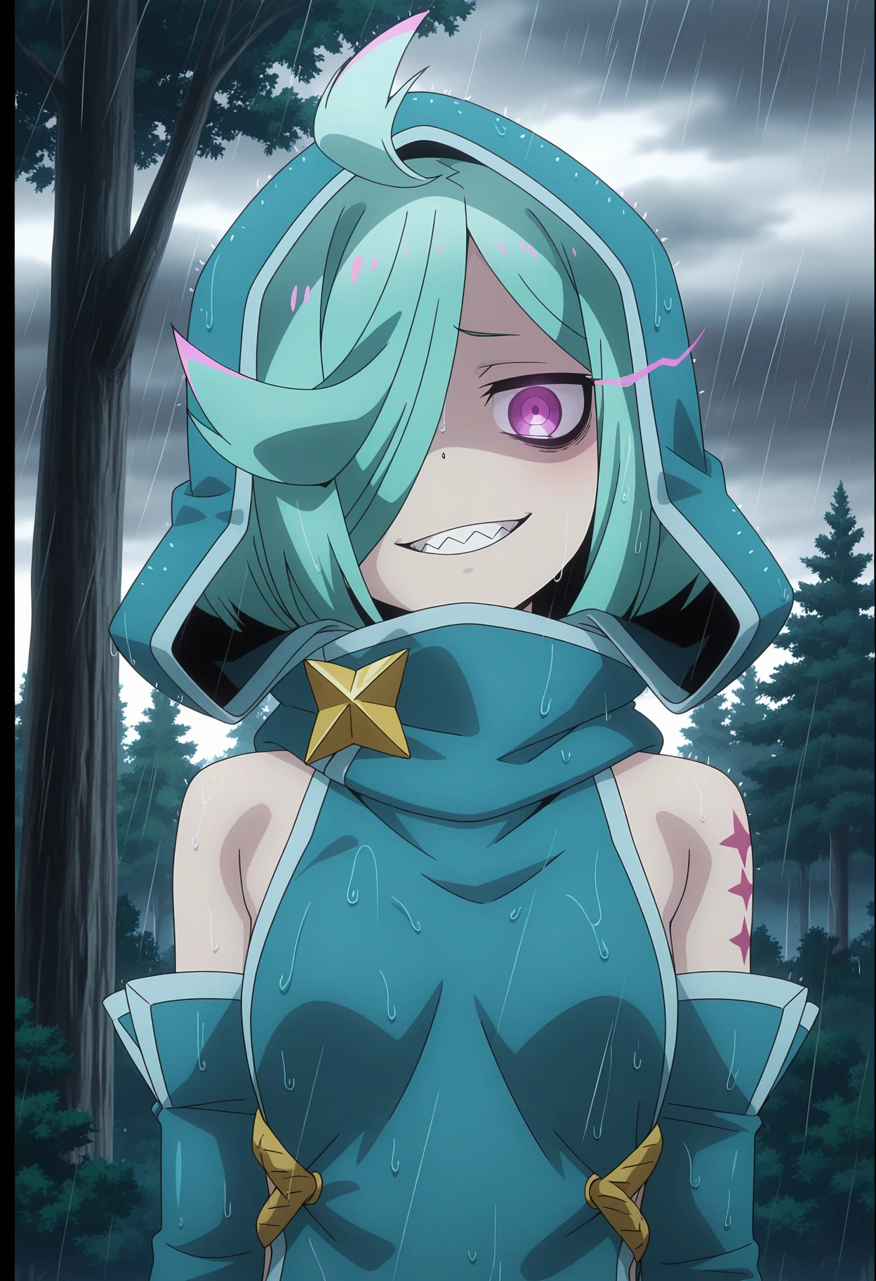 detailed background, official style,anime coloring, (anime screencap) masterpiece, detailed face,1girl, <lora:Nemo-30:0.8>Nemo, solo, purple eyes, star (symbol), detached sleeves, bare shoulders, hood, hair over one eye, tree, outdoors, ahoge, upper body, tattoo, forest, hood up, short hair, small breasts, evil smile, head down, sharp teeth, looking at viewer, shaded face, breasts, nature, green hair, bangs, bags under eyes, nighttime, overcast, raining, glowing eyes, head tilt, eye trail