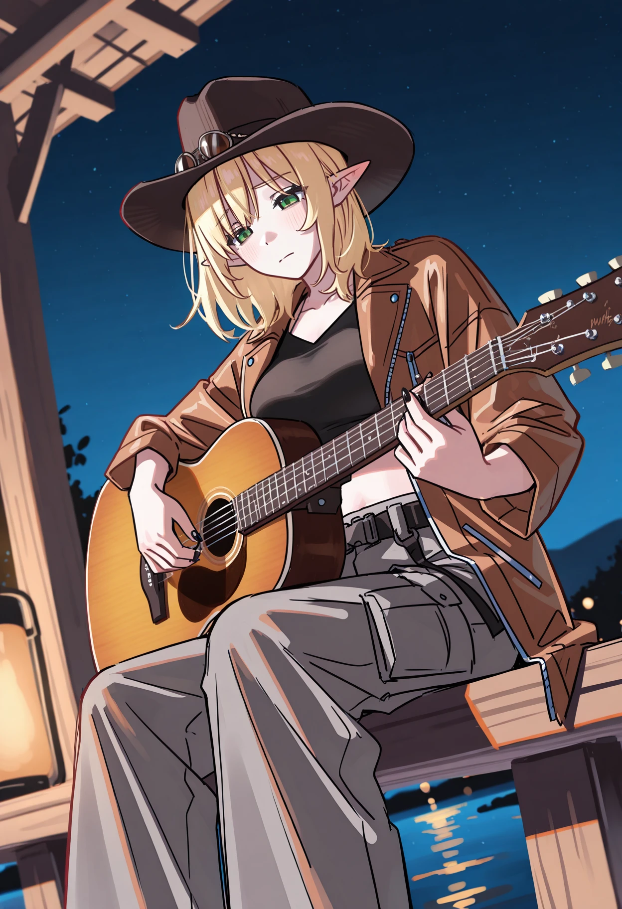 lineart, sketch,
1girl, pointed ears, elf, blonde, small eyes, green eyes, medium breasts, medium hair,
black crop top, grey cargo pant, aviator jacket with white fur, black cowboy hat,
sad face, playing guitar, music instrument, acoustic guitar, sitting on wooden pontoon,
dynamic angle, wooden pontoon, lake, morning lights, warm atmosphere, night, from below, five fingers, one thumb, black nails,
<lora:hamafuguIL-style:1>,hamafugustyle,