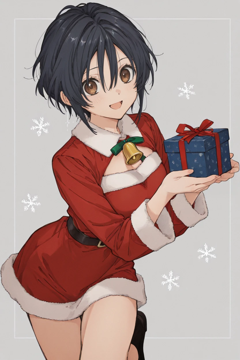 masterpiece, best quality, very aesthetic, newest, absurdres, highres,
1girl, solo,
<lora:TakigawaMiuIllustriousV1:1> takigawamiu, black hair, wavy hair, short hair, brown eyes, hair between eyes,
santa costume, open mouth, smile, standing on one leg, jingle bell, gift box, snowflake background,
<lora:TanemuraArinaIllustriousV1:1> tanemura arina