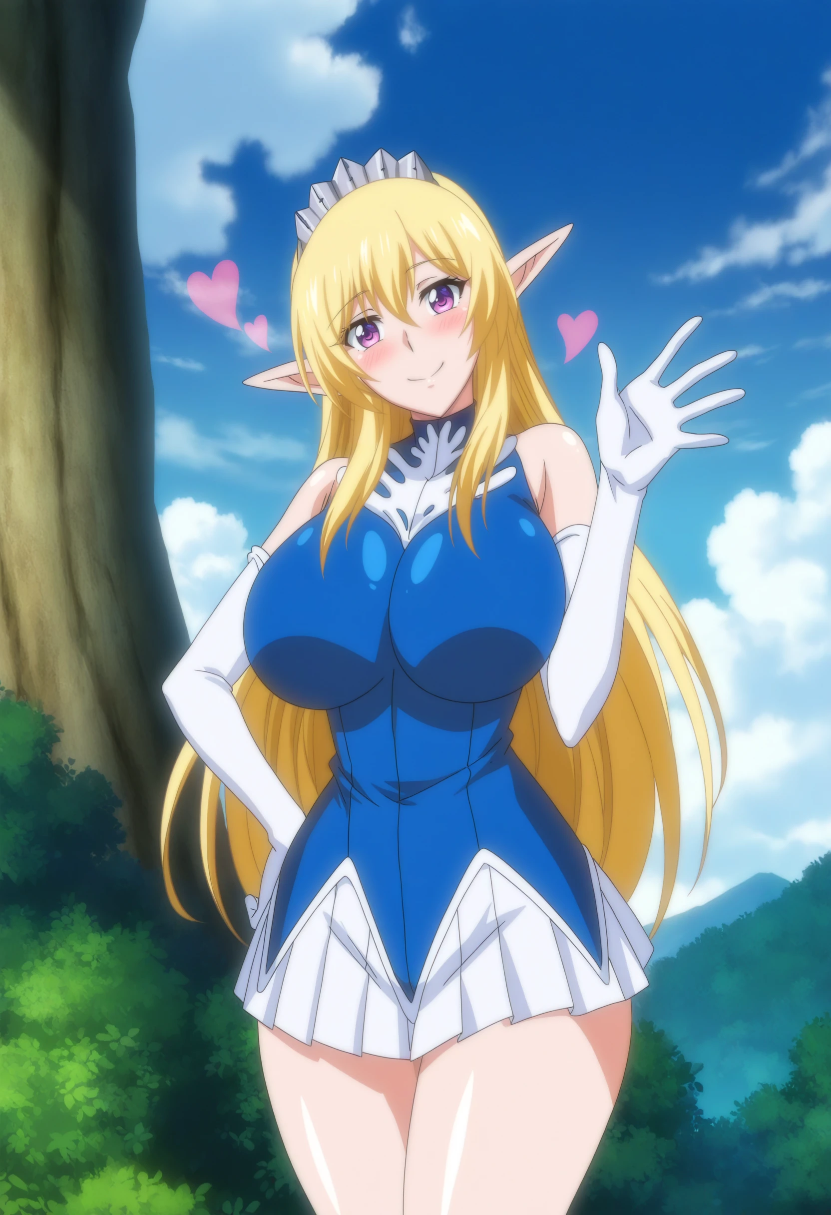 masterpiece, good quality, best quality, absurdres, highres, anime screenshot, game cg, digital media \(artwork\),
ninaaslato, hand on own hip, V, cowboy shot, waving, head tilt, loving aura,
1girl, elf, solo,
blush, looking at viewer, smile, happy,
blonde hair, long hair, purple eyes, tiara,
turtleneck, short dress, blue dress, bare shoulders, elbow gloves, pleated skirt,
curvy, large breasts, thick thighs,
outdoors, blue skies, clouds, nature,
<lora:NinaAslato 3216 NoobAIXL Epsilon:1>