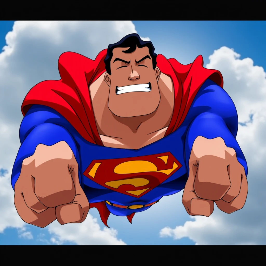 cinematic film still of <lora:Cinematic Triadic color style v1:0.8>
Cinematic Triadic color style a cartoon superman flying through the air down to camera, cinematic film style, perfect cinematic image, perfect body, perfect anatomy, sharp cinematic image, detailed cinematic image, Kodak cinematic film color style, high quality film photography style, motion picture film style, Triadic color style, solo, short hair, black hair, closed eyes, teeth, sky, cape, bodysuit, parody, clenched teeth, letterboxed, clenched hands, red cape, style parody, superhero, scene reference, anime coloring, outdoors, cloud, muscular, blue bodysuit, floating cape, muscular male, low angle from below, shallow depth of field, vignette, highly detailed, high budget, bokeh, cinemascope, moody, epic, gorgeous, film grain, grainy