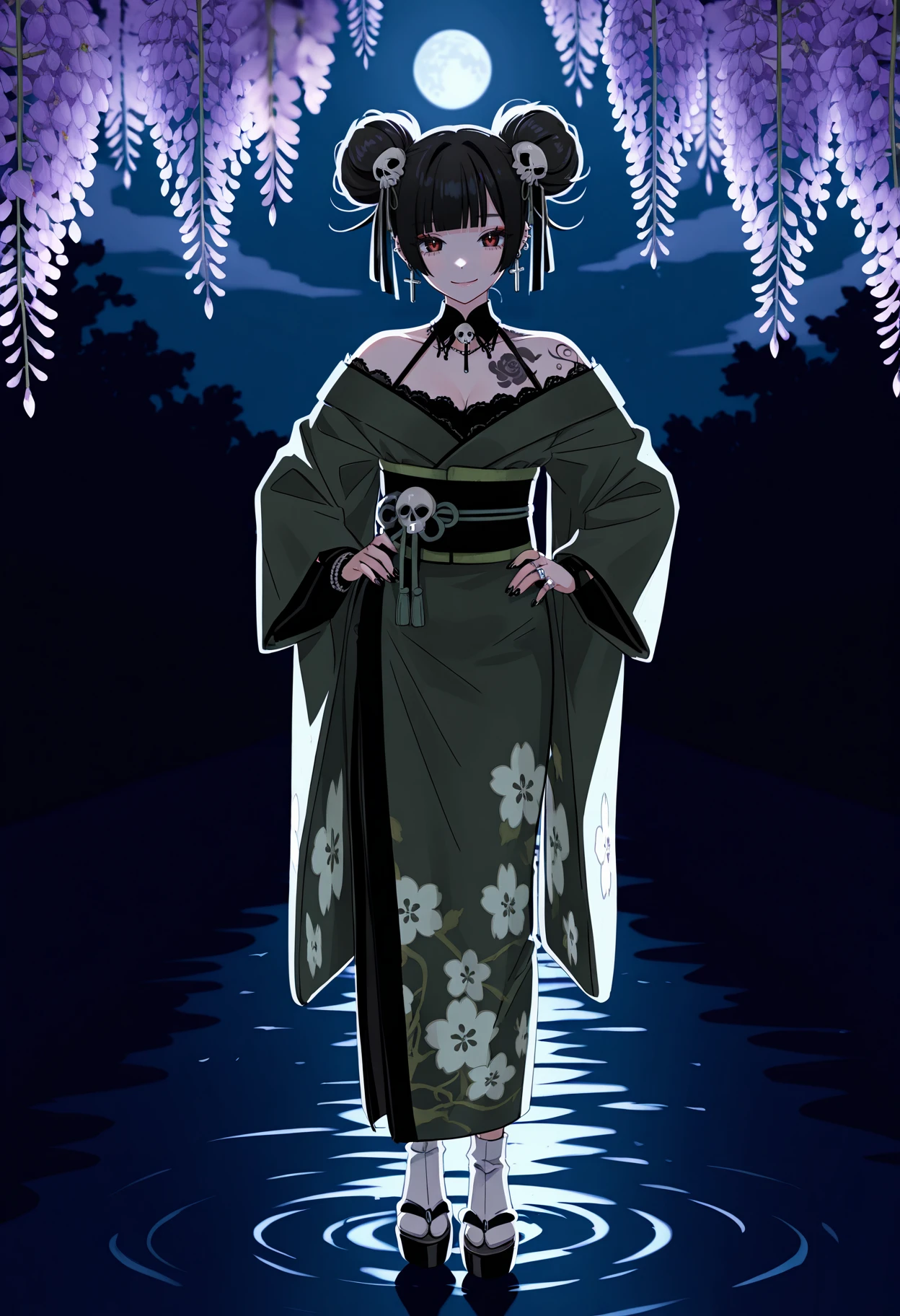 lineart, pencil art,
solo,
1girl, bangs,black hair, blunt bangs, hair bun, double bun, tattoo,piercing, ring, ear piercing, black nails, skull hair ornament, cross earrings, gothic,
japanese clothes, green kimono, off shoulder, makeup, floral print, obi, tabi, socks,
wisteria, flower, moon, water, night, dark,
looking at viewer, smile, standing, full body,hands on hips,
<lora:hamafuguIL-style:1>,hamafugustyle,