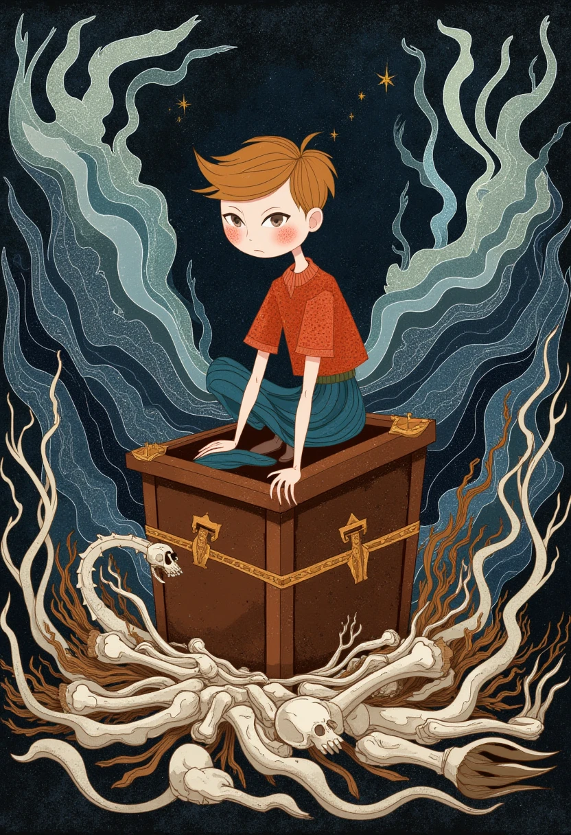 Whimsical, storybook-inspired folk art with flowing, dreamlike details. Sitting on a coffin, with white bones all under it, a masterpiece