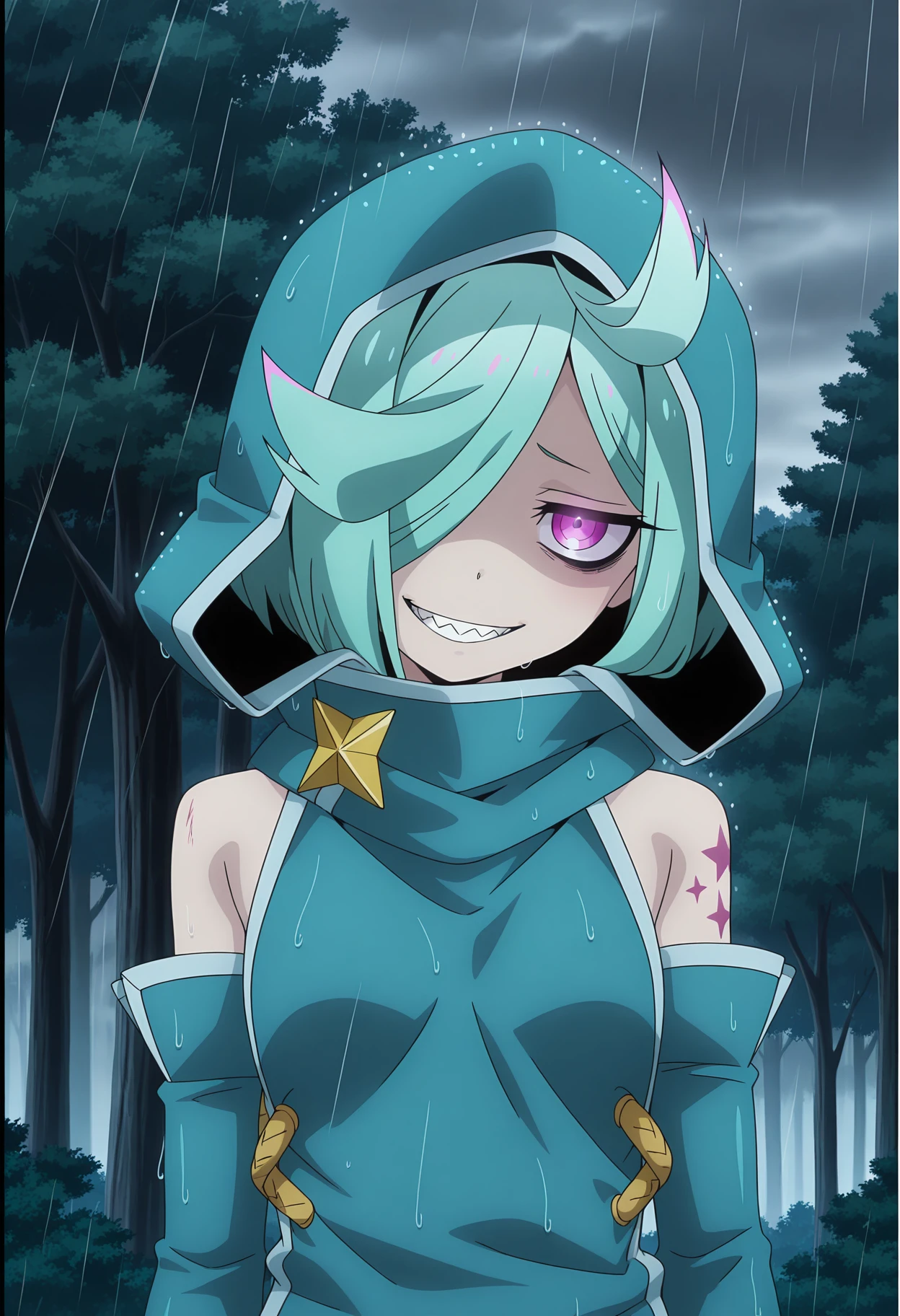 detailed background, official style,anime coloring, (anime screencap) masterpiece, detailed face,1girl, <lora:Nemo-30:0.8>Nemo, solo, purple eyes, star (symbol), detached sleeves, bare shoulders, hood, hair over one eye, tree, outdoors, ahoge, upper body, tattoo, forest, hood up, short hair, small breasts, evil smile, head down, sharp teeth, looking at viewer, shaded face, breasts, nature, green hair, bangs, bags under eyes, nighttime, overcast, raining, glowing eyes, head tilt, eye trail
