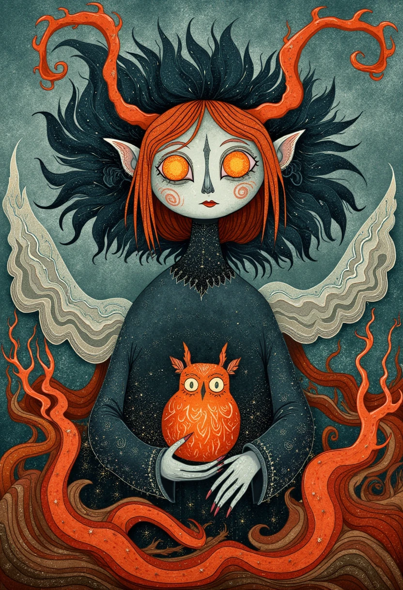 Whimsical, storybook-inspired folk art with flowing, dreamlike details. demonic entity, fisheye, too close