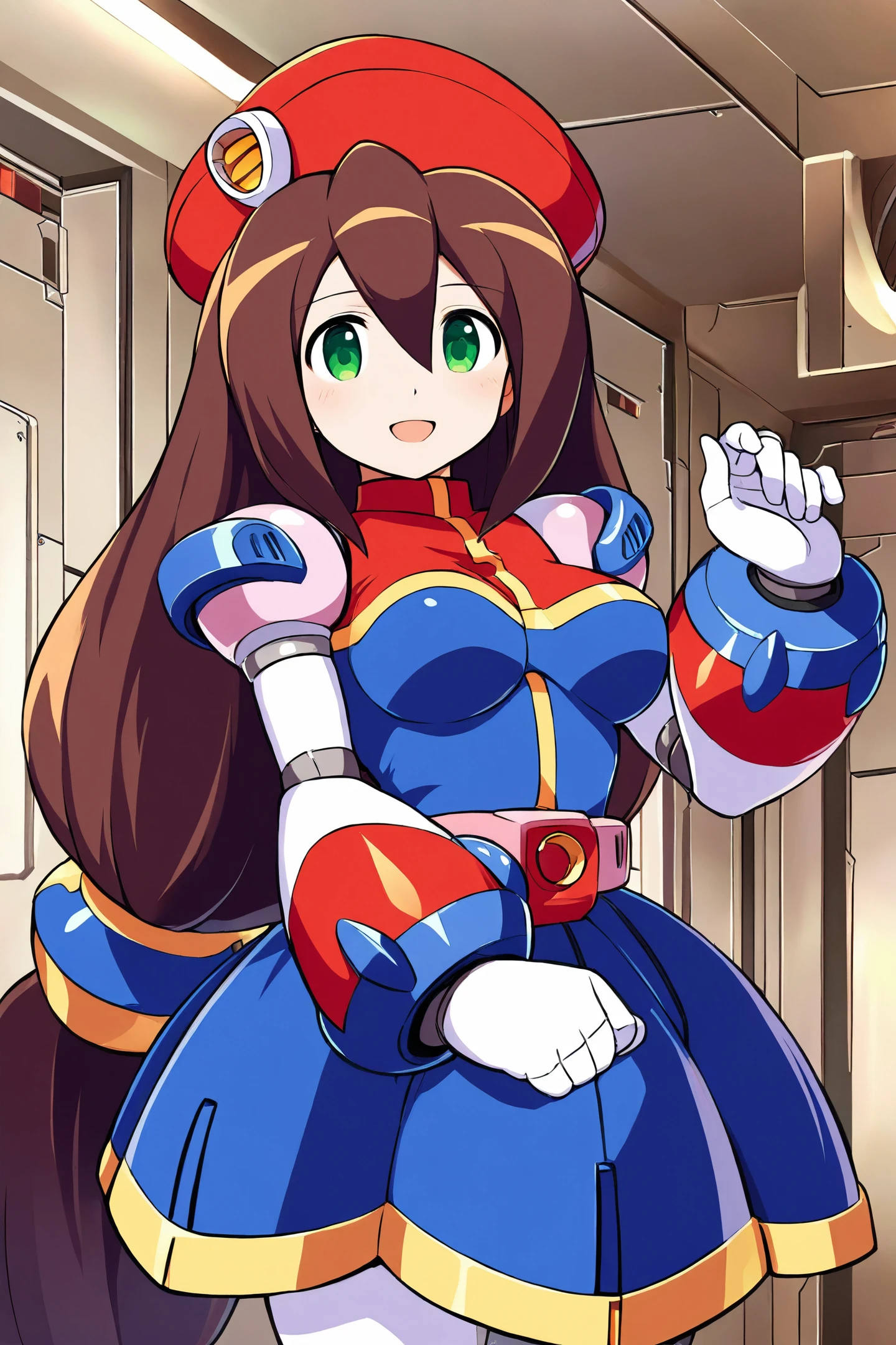 iris \(mega man\),1girl,beret,breasts,brown hair,long hair,solo,green eyes,android,low-tied long hair,red hat,smile,medium breasts,open mouth,blue and red dress,looking at viewer,very long hair,hair between eyes,
<lora:iris_illustriousXL:0.8>,
<lora:Yabuki Kentarou_illustriousXL:0.6>,