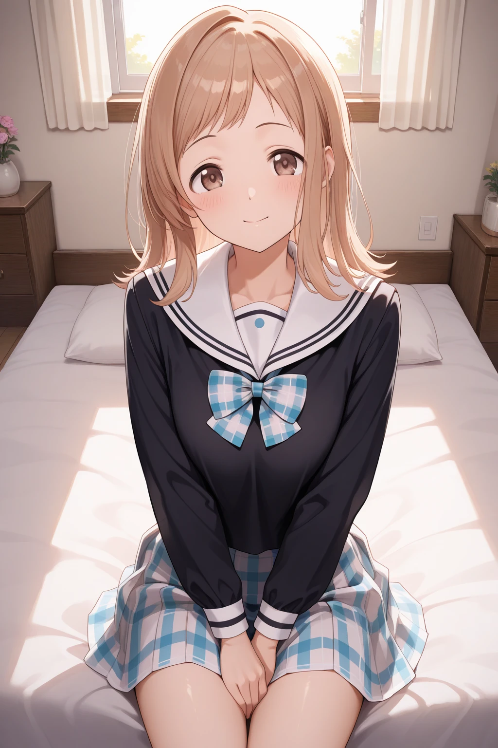 very awa, detailed eyes, shining eyes, masterpiece, best quality, ultra-detailed, (8k), (hdr), absurdres, looking at viewer, solo, 1girl, girl, bedroom, smile, aamano, sakuragi mano, brown eyes, light brown hair, school uniform, serafuku, plaid bowtie, black shirt, plaid skirt, ((sitting, cowboy shot))
