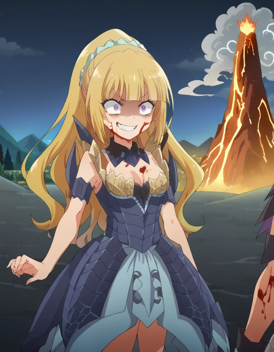 score_9, score_8_up, score_7_up, source_anime, <lora:kei-karuizawa-anime-s2-ponyxl-lora-nochekaiser:1>, kei karuizawa, long hair, bangs, blunt bangs, purple eyes, blonde hair, hair ornament, ponytail, scrunchie, blue scrunchie, medium breasts, anime screencap, <lora:alatreon-armor-ponyxl-lora-nochekaiser:1>, alatreon armor, alatreon (armor), armlet, armor, cleavage, jewelry, pauldrons, shoulder armor, scales, spiky armor, skirt, armored dress, headwear, headgear, detached collar, blush, volcano, night, smoke, spikes,, , <lora:evil-grin-ponyxl-lora-nochekaiser:1>, evil grin, evil smile, grin, evil eyes, crazy eyes, teeth, shaded face, blood, aura, blood on face,