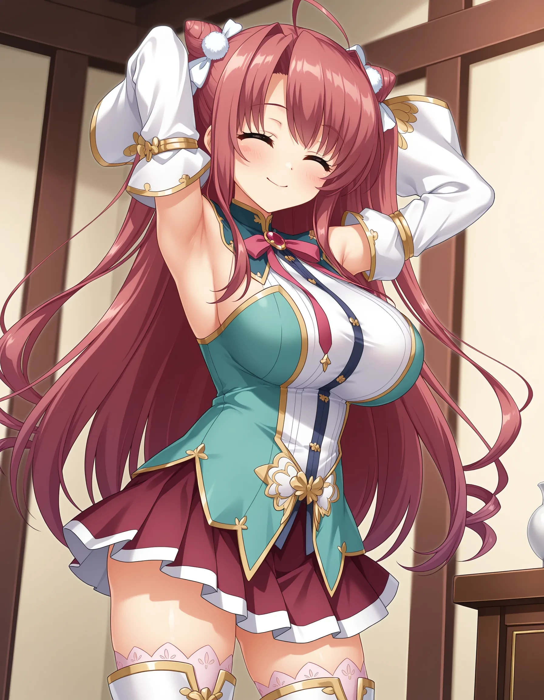 masterpiece, (best quality), 1girl ,solo, erika amano, erika, blond hair, (purple eyes), chinese dress, sleeveless, long hair, earrings, jewelry, smile, hair between eyes, embarrassed, blush, beautiful, (perfect eyes:1.1), looking at viewer, bedroom, licking lips, standing, cleavage