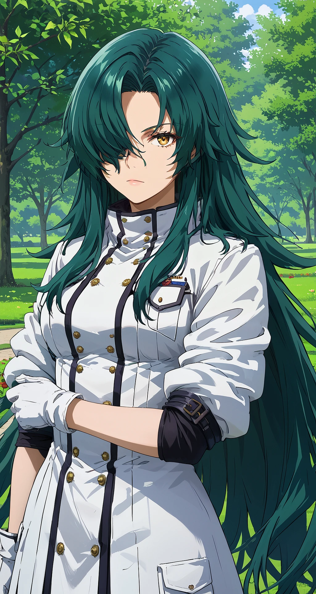 score_9, score_8_up, score_7_up, masterpiece, absurdres, source_anime,
1girl, solo, perfect_anatomy,
rose_twwtuhm, green hair, very long hair, one eye covered, yellow eye,
white coat, white gloves,
looking at viewer, outdoors, park,