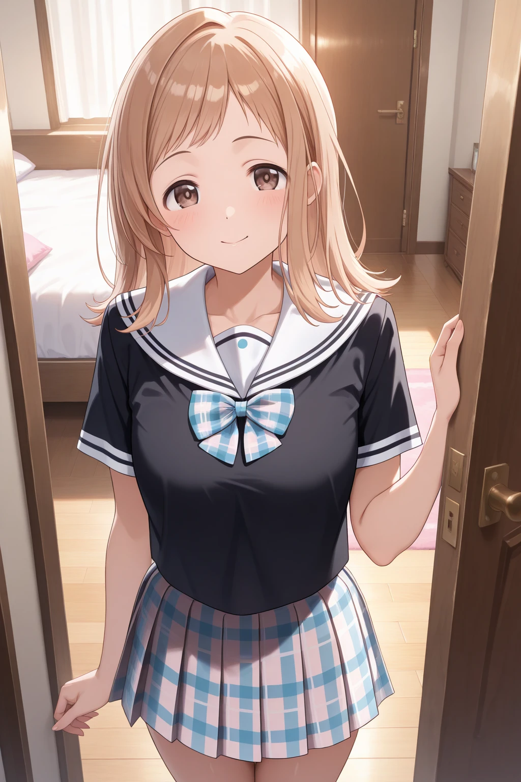 very awa, detailed eyes, shining eyes, masterpiece, best quality, ultra-detailed, (8k), (hdr), absurdres, looking at viewer, solo, 1girl, girl, bedroom, smile, aamano, sakuragi mano, brown eyes, light brown hair, school uniform, serafuku, plaid bowtie, black shirt, plaid skirt, ((standing, cowboy shot))