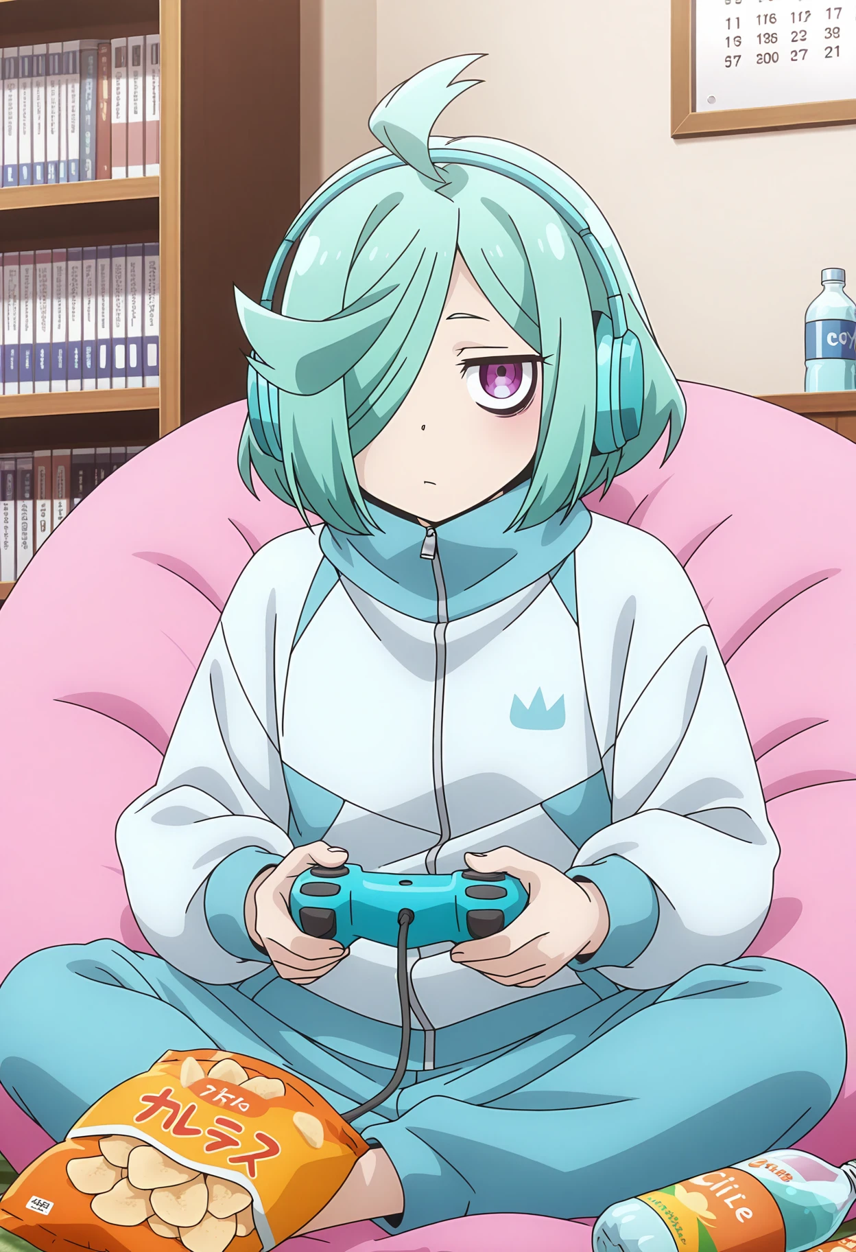 detailed background, official style,anime coloring, (anime screencap) masterpiece, detailed face,1girl, <lora:Nemo-30:0.8>Nemo, hair over one eye, solo, purple eyes, game controller, controller, sitting, bookshelf, bottle, jacket, short hair, indoors, bean bag chair, headphones, ahoge, indian style, book, shelf, green hair, chips (food), holding, looking at viewer, holding controller, bags under eyes,