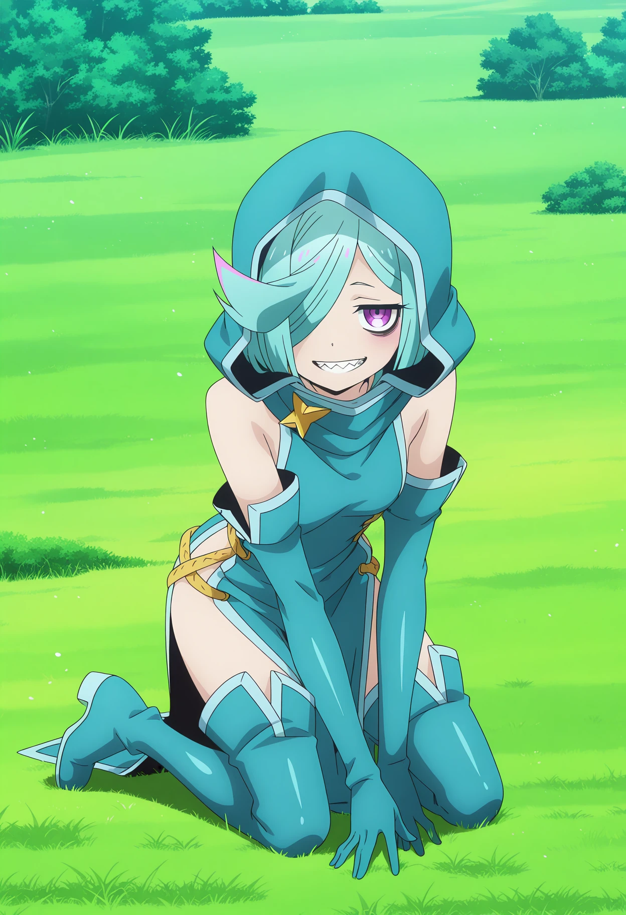 detailed background, official style,anime coloring, (anime screencap) masterpiece, detailed face,1girl, <lora:Nemo-30:0.8> 1girl, solo, looking at viewer, smile, short hair, thighhighs, gloves, bare shoulders, purple eyes, multicolored hair, boots, detached sleeves, teeth, elbow gloves, hood, hair over one eye, aqua hair, thigh boots, grass, sharp teeth, hood up, one knee bags under eyes,