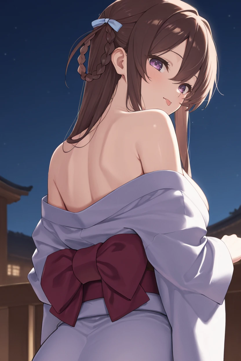 <lora:latia_emillion_V2:0.9>, ( (latiaemillion) , ahoge,brown hair,purple eyes, short hair, ponytail),small breasts,  1girl,, (((masterpiece, best quality, ultra-detailed, ray tracing))), deph of field, (perfect face, detailed face),shiny eyes, fair skin,((high quality face, soft skin )), (collarbone, cinematic light, cinematic shadow),, (bare back), bare shoulders, bow,(from behind:1.2), japanese clothes, (kimono,long sleeves, off shoulder),looking back,