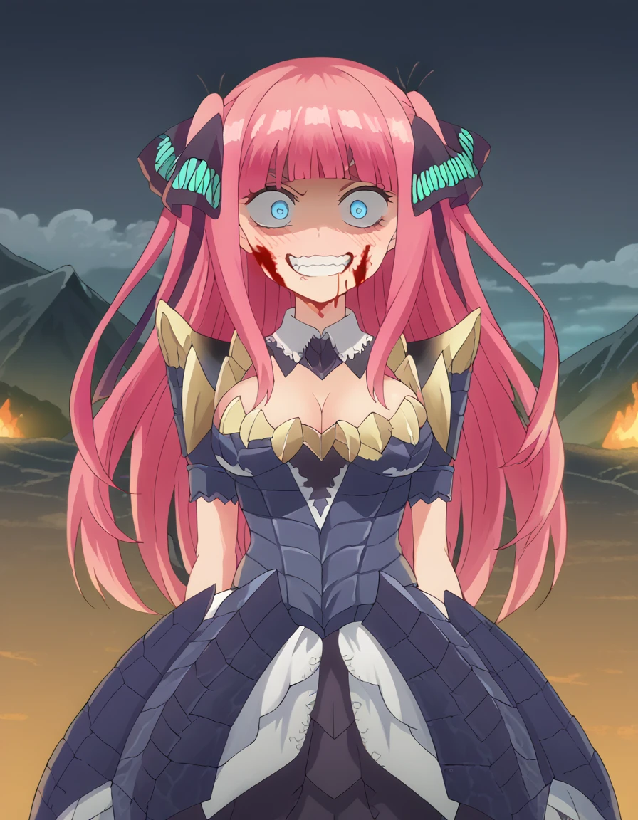 score_9, score_8_up, score_7_up, source_anime, <lora:nino-nakano-s1-ponyxl-lora-nochekaiser:1>, nino nakano, long hair, bangs, blue eyes, hair ornament, hair ribbon, pink hair, blunt bangs, two side up, butterfly hair ornament, large breasts, anime screencap, <lora:alatreon-armor-ponyxl-lora-nochekaiser:1>, alatreon armor, alatreon (armor), armlet, armor, cleavage, jewelry, pauldrons, shoulder armor, scales, spiky armor, skirt, armored dress, headwear, headgear, detached collar, blush, volcano, night, smoke, spikes,, , <lora:evil-grin-ponyxl-lora-nochekaiser:1>, evil grin, evil smile, grin, evil eyes, crazy eyes, teeth, shaded face, blood, aura, blood on face,