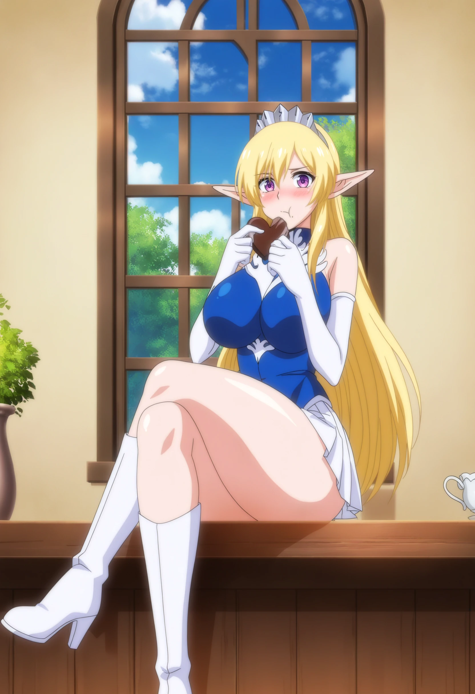 masterpiece, good quality, best quality, absurdres, highres, anime screenshot, game cg, digital media \(artwork\),
ninaaslato, sitting in window, windowsill, crossed legs, eating, holding food, chocolate, drink, teacup, holding cup, heart-shaped chocolate,
1girl, elf, solo,
looking at viewer, blush, pouting,
blonde hair, long hair, purple eyes, tiara,
turtleneck, short dress, blue dress, bare shoulders, elbow gloves, pleated skirt, high heel boots, white footwear,
curvy, large breasts, thick thighs,
indoors, blue skies, clouds, nature, palace,
<lora:NinaAslato 3216 NoobAIXL Epsilon:1> 5 fingers