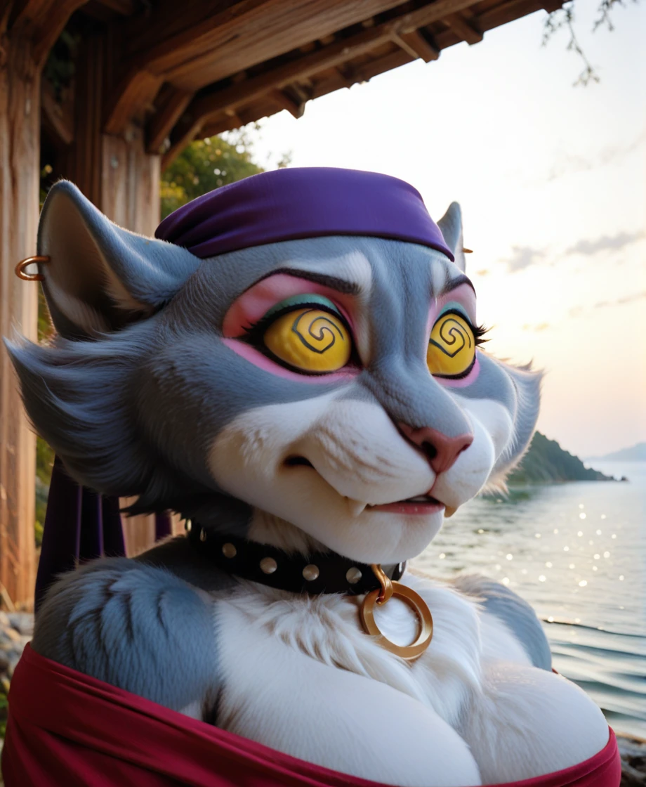 masterpiece, highly detailed, solo, msfortune, female, bandana, collar, makeup, yellow sclera, ring piercing, red dress, spiral eyes, portrait, lakeside, by chunie, <lora:MsFortuneXL_041-Noob-nd32-na32-lr2-ep13:1>, score_9, score_8_up, score_7_up, score_6_up, score_5_up, score_4_up