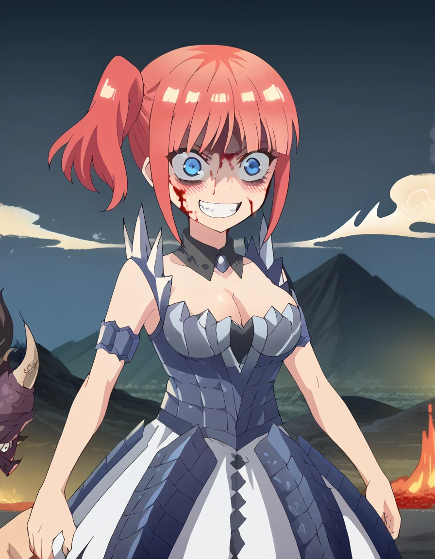 score_9, score_8_up, score_7_up, source_anime, <lora:nino-nakano-honeymoon-ponyxl-lora-nochekaiser:1>, nino nakano, short hair, bangs, blue eyes, large breasts, pink hair, blunt bangs, side ponytail, one side up, anime screencap, <lora:alatreon-armor-ponyxl-lora-nochekaiser:1>, alatreon armor, alatreon (armor), armlet, armor, cleavage, jewelry, pauldrons, shoulder armor, scales, spiky armor, skirt, armored dress, headwear, headgear, detached collar, blush, volcano, night, smoke, spikes,, , <lora:evil-grin-ponyxl-lora-nochekaiser:1>, evil grin, evil smile, grin, evil eyes, crazy eyes, teeth, shaded face, blood, aura, blood on face,