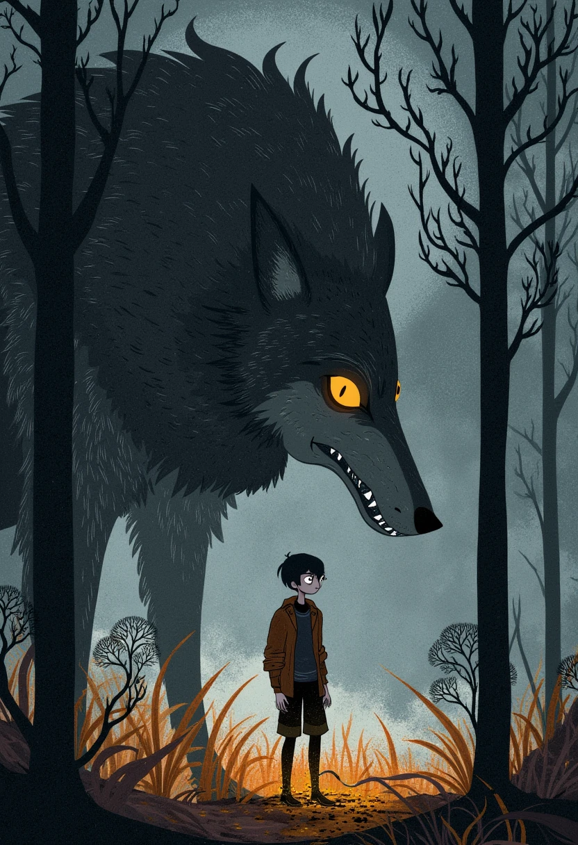 a man standing in the woods with a giant wolf looking at him