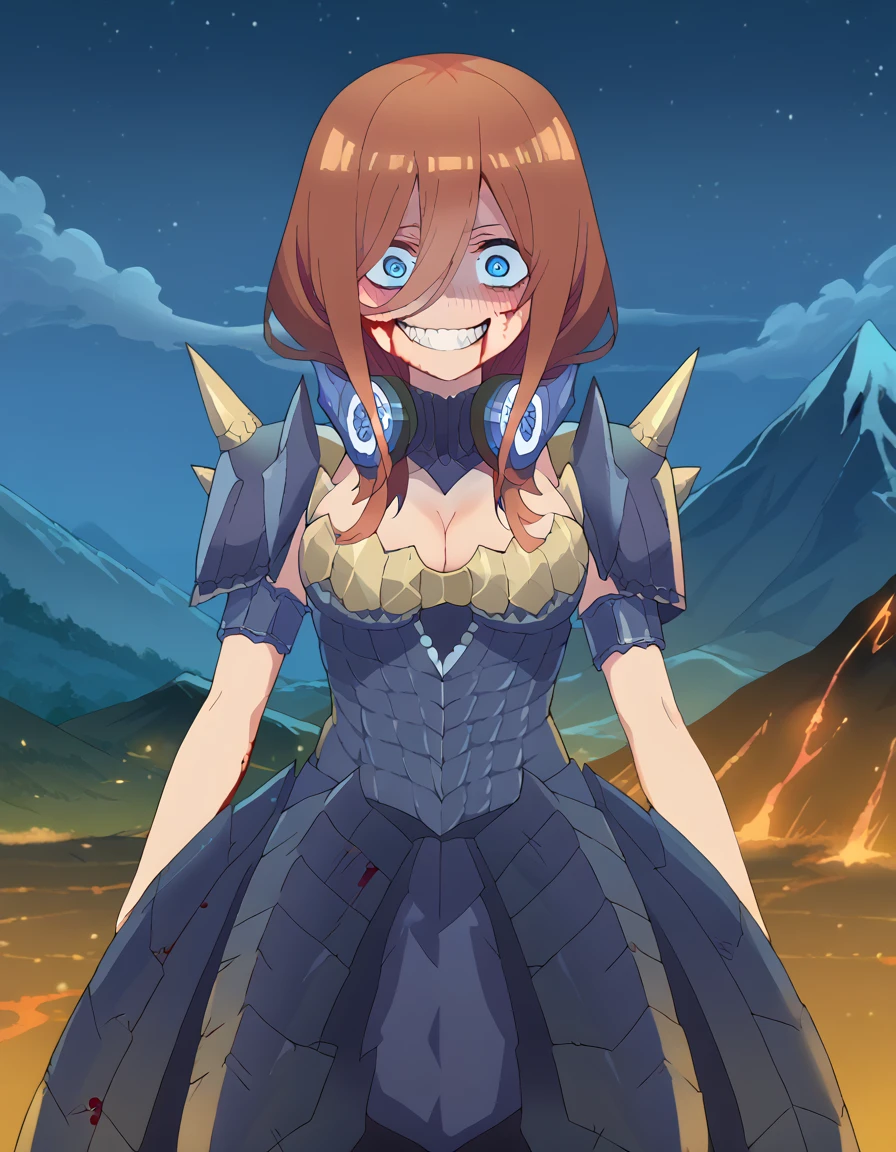 score_9, score_8_up, score_7_up, source_anime, <lora:miku-nakano-s2-ponyxl-lora-nochekaiser:1>, miku nakano, long hair, bangs, blue eyes, brown hair, hair between eyes, headphones, headphones around neck, large breasts, anime screencap, <lora:alatreon-armor-ponyxl-lora-nochekaiser:1>, alatreon armor, alatreon (armor), armlet, armor, cleavage, jewelry, pauldrons, shoulder armor, scales, spiky armor, skirt, armored dress, headwear, headgear, detached collar, blush, volcano, night, smoke, spikes,, , <lora:evil-grin-ponyxl-lora-nochekaiser:1>, evil grin, evil smile, grin, evil eyes, crazy eyes, teeth, shaded face, blood, aura, blood on face,