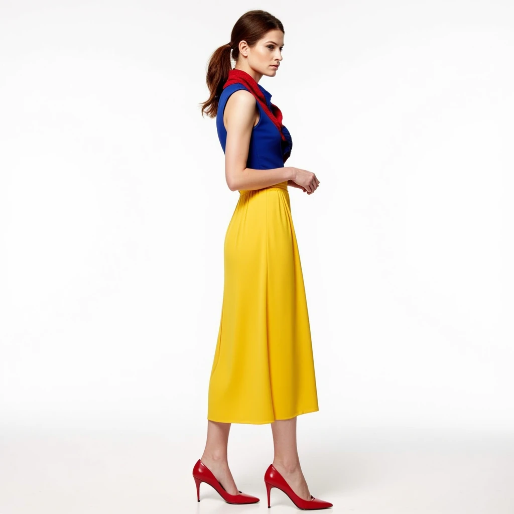 cinematic film still of <lora:Cinematic Triadic color style v1:0.8>
Cinematic Triadic color style a side view of a woman in a blue red shirt and yellow dress and red shoe, cinematic film style, perfect cinematic image, perfect body, perfect anatomy, sharp cinematic image, detailed cinematic image, Kodak cinematic film color style, high quality film photography style, motion picture film style, Triadic color style, solo, simple background, skirt, brown hair, white background, brown eyes, standing, full body, shoes, sleeveless, high heels, red footwear, yellow skirt, looking at viewer, shirt, ponytail, scarf, lips, shallow depth of field, vignette, highly detailed, high budget, bokeh, cinemascope, moody, epic, gorgeous, film grain, grainy