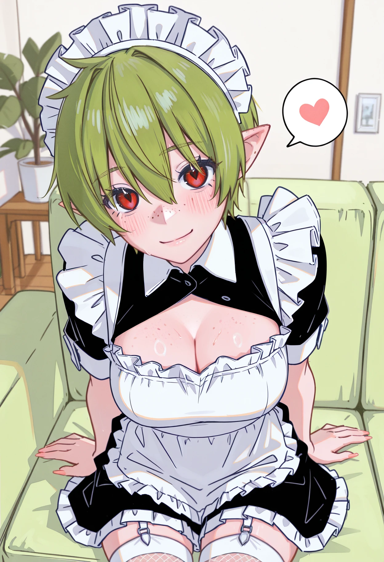 score_9, score_8_up, score_7_up, source_anime, 1girl, light green hair, very short hair, green eyes, cat ears, medium breasts, eyeglasses, curvy body, micro bikini maid, headdress, blouse, skirt, apron, areola, jitome, fellatio, fat man, penis, pov, from above, private room, mansion,
