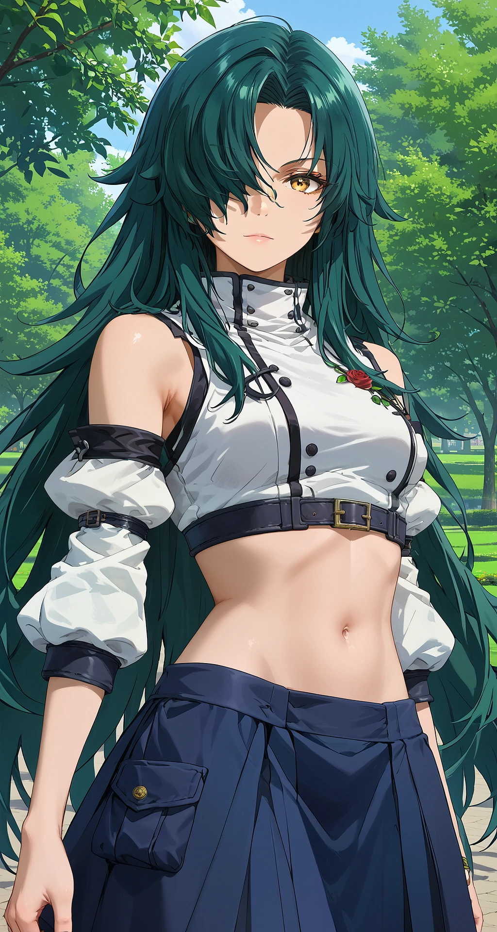score_9, score_8_up, score_7_up, masterpiece, absurdres, source_anime,
1girl, solo, perfect_anatomy,
rose_twwtuhm, green hair, very long hair, one eye covered, yellow eye,
croptop, detached sleeves, skirt, micro skirt,
looking at viewer, outdoors, park,