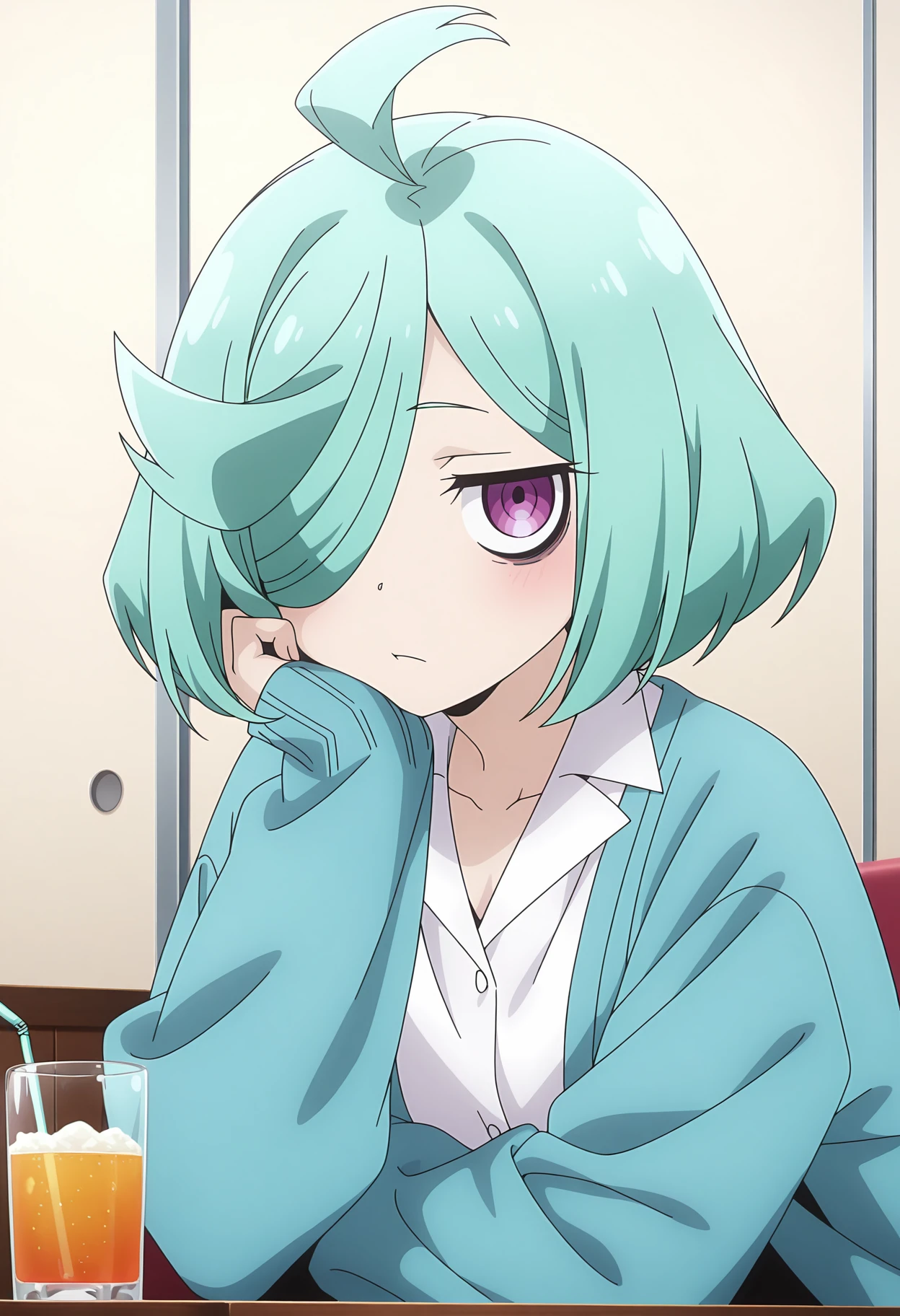 detailed background, official style,anime coloring, (anime screencap) masterpiece, detailed face,1girl, <lora:Nemo-30:0.8>Nemo, hair over one eye, ahoge, purple eyes, shirt, bags under eyes, looking at viewer, green hair, white shirt, cup, long sleeves, closed mouth, collared shirt, head rest, short hair, drinking glass, cardigan, sleeves past wrists, upper body