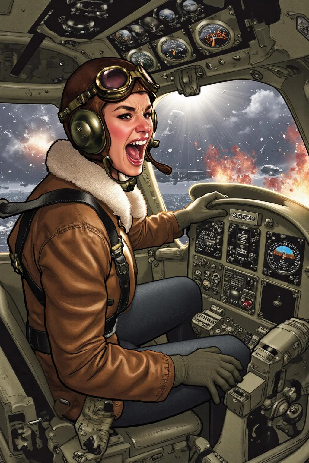 adhughes1 illustration in a comic book style. 
A female pilot screaming inside the cockpit of a World War II bomber. The pilot, wearing a vintage leather flight helmet with goggles and a bomber jacket, grips the controls with white-knuckled hands. Her face is contorted in a mix of fear and determination as she yells, her eyes wide with adrenaline. The cockpit is cramped and filled with old-fashioned dials and gauges, with the outside view showing dark stormy clouds and distant anti-aircraft fire  <lora:adhughes3_cap_d8a4:1.0><lora:836612324774261313:0>