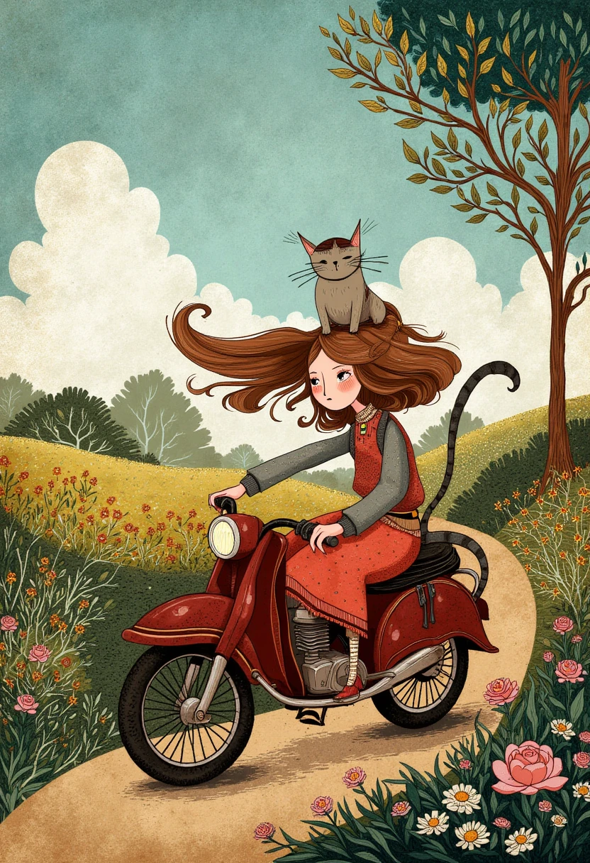 Whimsical, storybook-inspired folk art with flowing, dreamlike details. Girl on a motorcycle with a cat on a beautiful country road