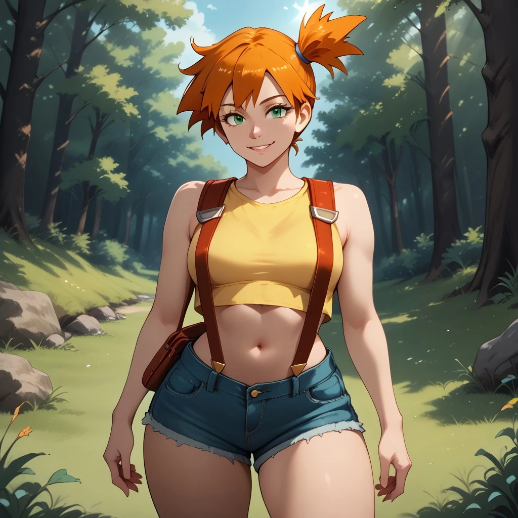 score_9, score_8, BREAK, solo, Misty(pokémon), 1 girl, short orange hair, green eyes, yellow crop top, denim shorts, red suspenders, stomach exposed, navel, adult woman, petite build, sexy pose, self portrait, smile, outdoors, sunlight, shadows, evening lighting, natural lighting, forest, trees, grass, orange sky, sunset