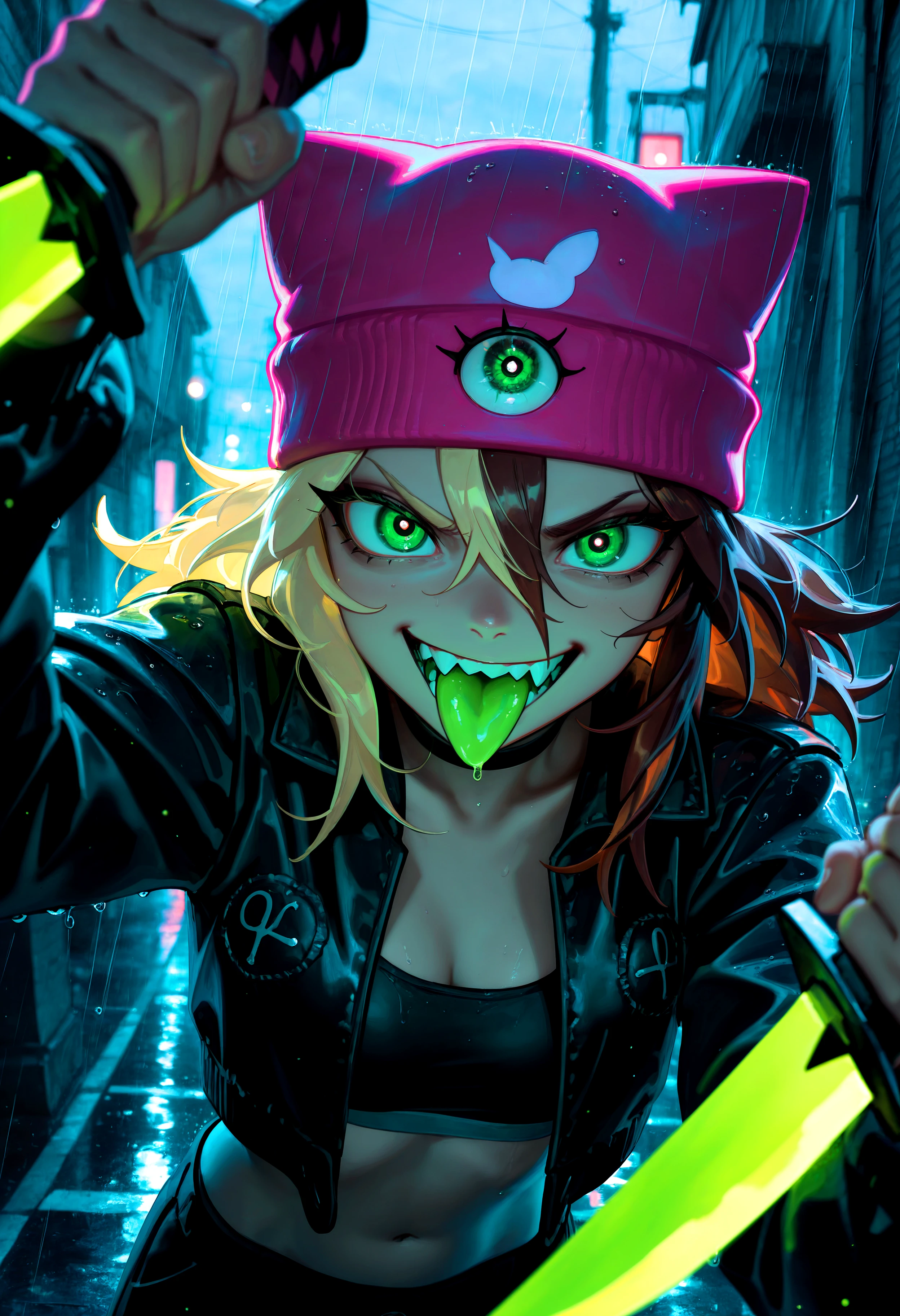 HDR, 8K, high contrast, masterpiece, best quality, amazing quality, very aesthetic, superabsurd res, high resolution, ultra-detailed, absurdres, newest, scenery, (horikoshi kouhei:0.3), (quasarcake:0.3), (wlop:0.3), light rays, chiaroscuro, dynamic angle, close up, foreshortening, face focus, solo, brokie-shteppi, 1girl, green eyes, sanpaku, blonde hair, brown hair, two-tone hair, split-color hair, (multicolored hair), hair between eyes, pink beanie, animal hat, eye on hat, black jacket, cropped jacket, long sleeves, open clothes, bra, midriff, upper body, choker, wide eyes, angry, sharp teeth, open mouth, wide smile, evil smile, green tongue, tongue out, fighting pose, attacking, holding dagger to viewer, leaning forward, looking at viewer, weapon, dual wielding, dagger, reverse grip, pov, street, raining, glowing, overcast, fog, backlighting, partially illuminated, Intricately designed, Mysterious Shadows, BREAK, photorealistic, beautiful detailed eyes, detailed skin, detailed hair, volumetric lighting, dappled light, light particles, dramatic shadows, cinematic lighting, photo background, depth of field, <lora:ponyxl\cfg_scale_boost:0.8> <lora:IL\KMS_Brokie-Shteppi_IL-000007:1>