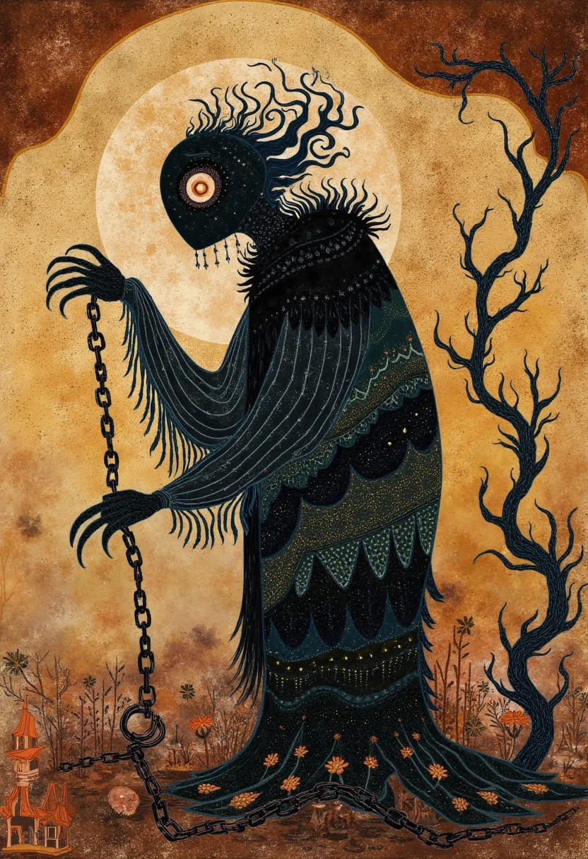 Whimsical, storybook-inspired folk art with flowing, dreamlike details. A dark figure is chained to life, the dark figure is in pain and sad