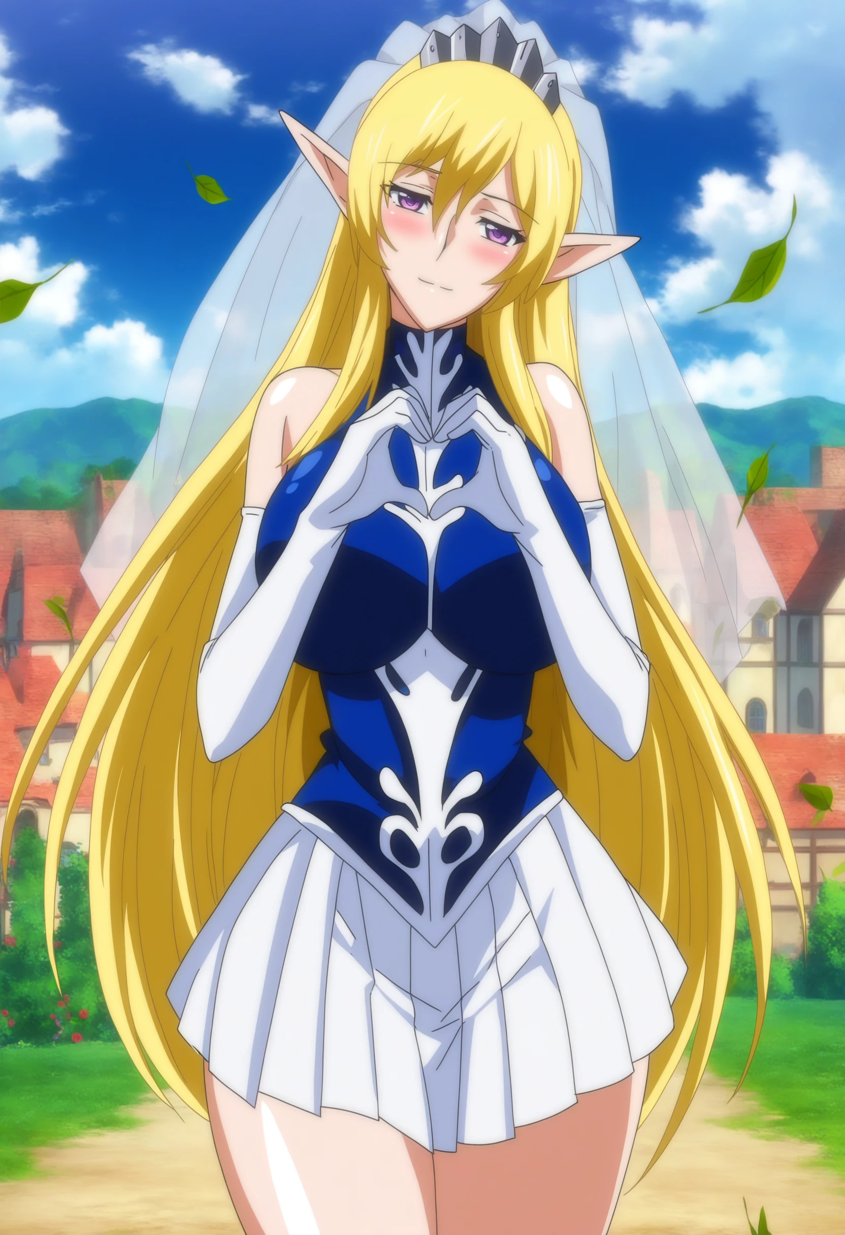 masterpiece, good quality, best quality, absurdres, highres, very awa, game cg, anime screenshot,
ninaaslato, cowboy shot, heart hands, loving aura,
1girl, elf, solo,
looking at viewer, blush, light smile, head tilt, half-closed eyes,
blonde hair, long hair, purple eyes, tiara, bridal veil,
turtleneck, short dress, blue dress, white skirt, bare shoulders, elbow gloves, pleated skirt,
curvy, large breasts, thick thighs,
outdoors, blue skies, clouds, falling leaves, red rose, wedding, town,
<lora:NinaAslato 3216 NoobAIXL Vpred_1:1>