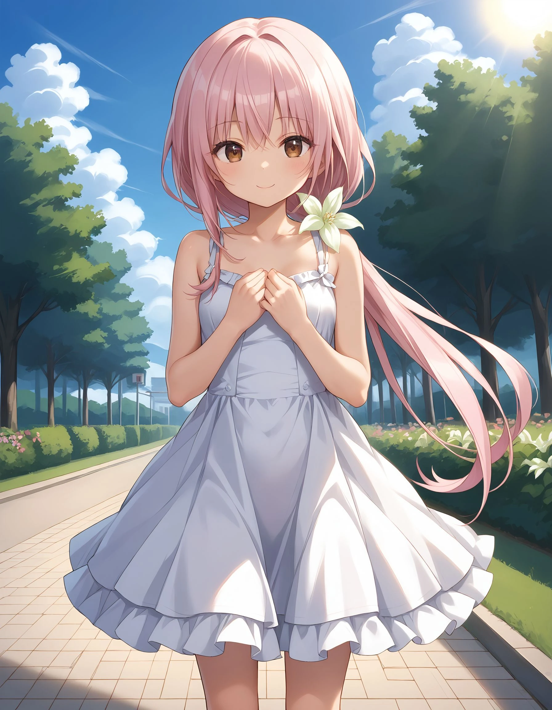 score_9, score_8_up, score_7_up, source_anime, <lora:add-detail-xl:1>, good , masteries, amazing quality, ultra detailed,
BREAK <lora:kuro Chrono Clock (Purple Software):0.7> kur0, very long hair, pastel pink hair, hair accessary, flower accessary, lily \(flower\), brown eyes, small , asymmetry hairstyle, low ponytail, ponytail over shoulder, sidelock, sidelock white ribbon tied
BREAK dress, skirt dress, white dress, sundress,  shoulder, sleeveless,
BREAK 1girl, standing, legs shoulder width apart, hands on , smile, in park, blue sky, sun, sun light,
